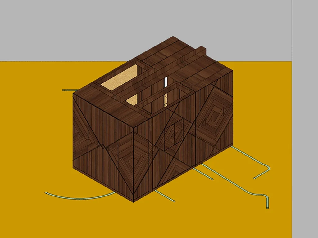 An isometric 3D digital render of a dark brown wooden cabinet with a geometric inlaid veneer pattern against a yellow background.