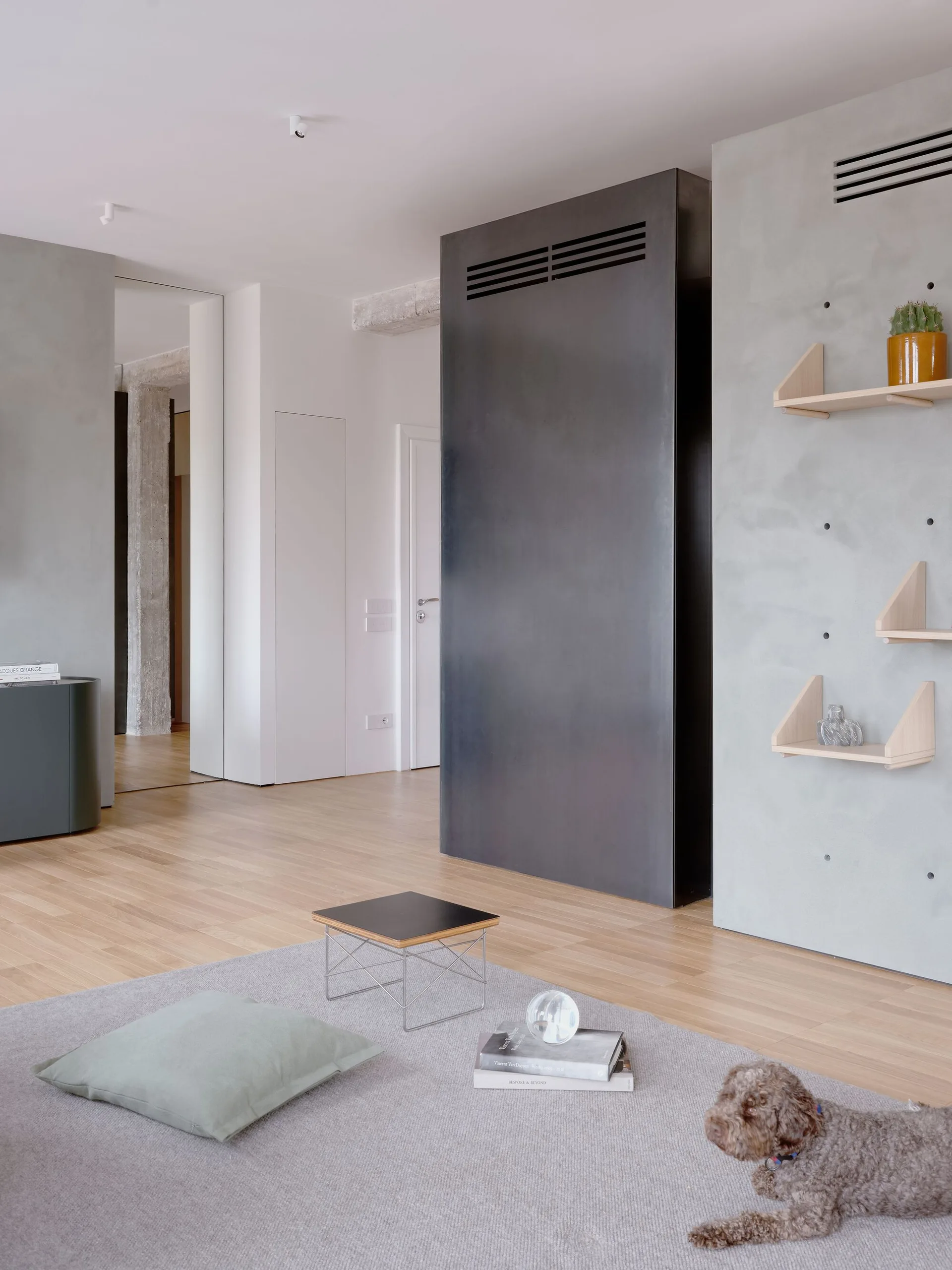 A minimalist living room features a grey concrete wall with light wood shelves, a tall black metal panel, and light wood flooring.