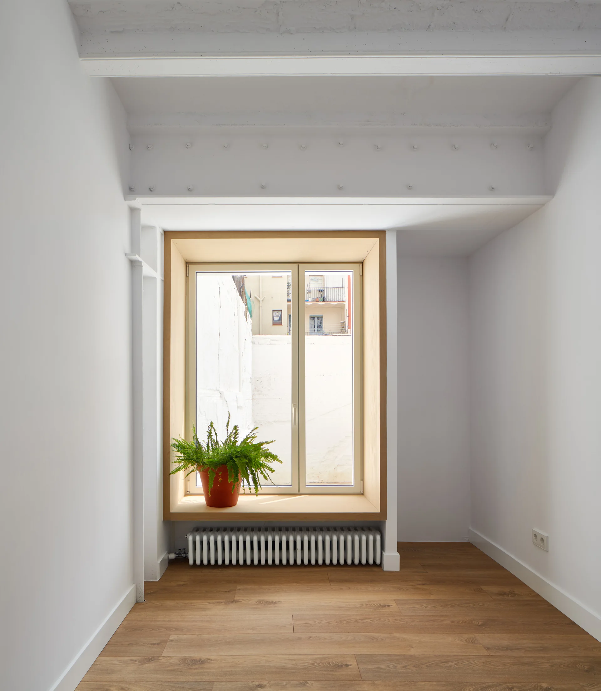 A bright white minimalist room features wood floors, a structural steel beam, and a wood-framed window with a potted fern on the sill.