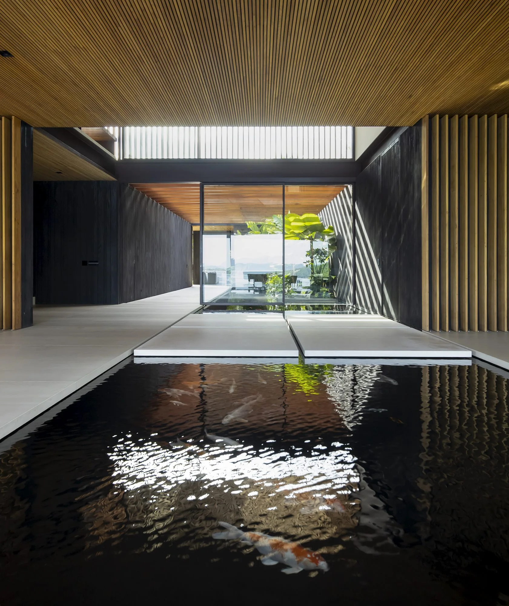 A minimalist home entryway showcasing an indoor koi pond, dark paneled walls, and a warm wood slat ceiling under natural light.