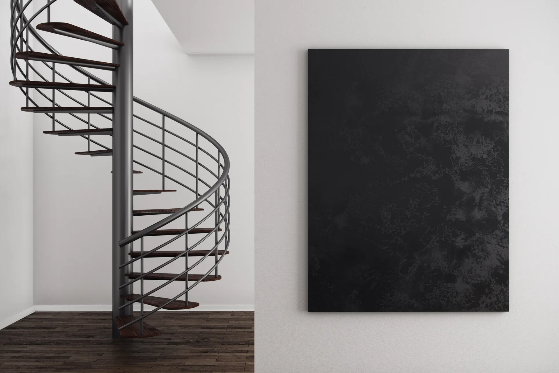 A spiral staircase with dark wood treads sits beside a large textured black canvas hanging on a white wall in a minimalist room.