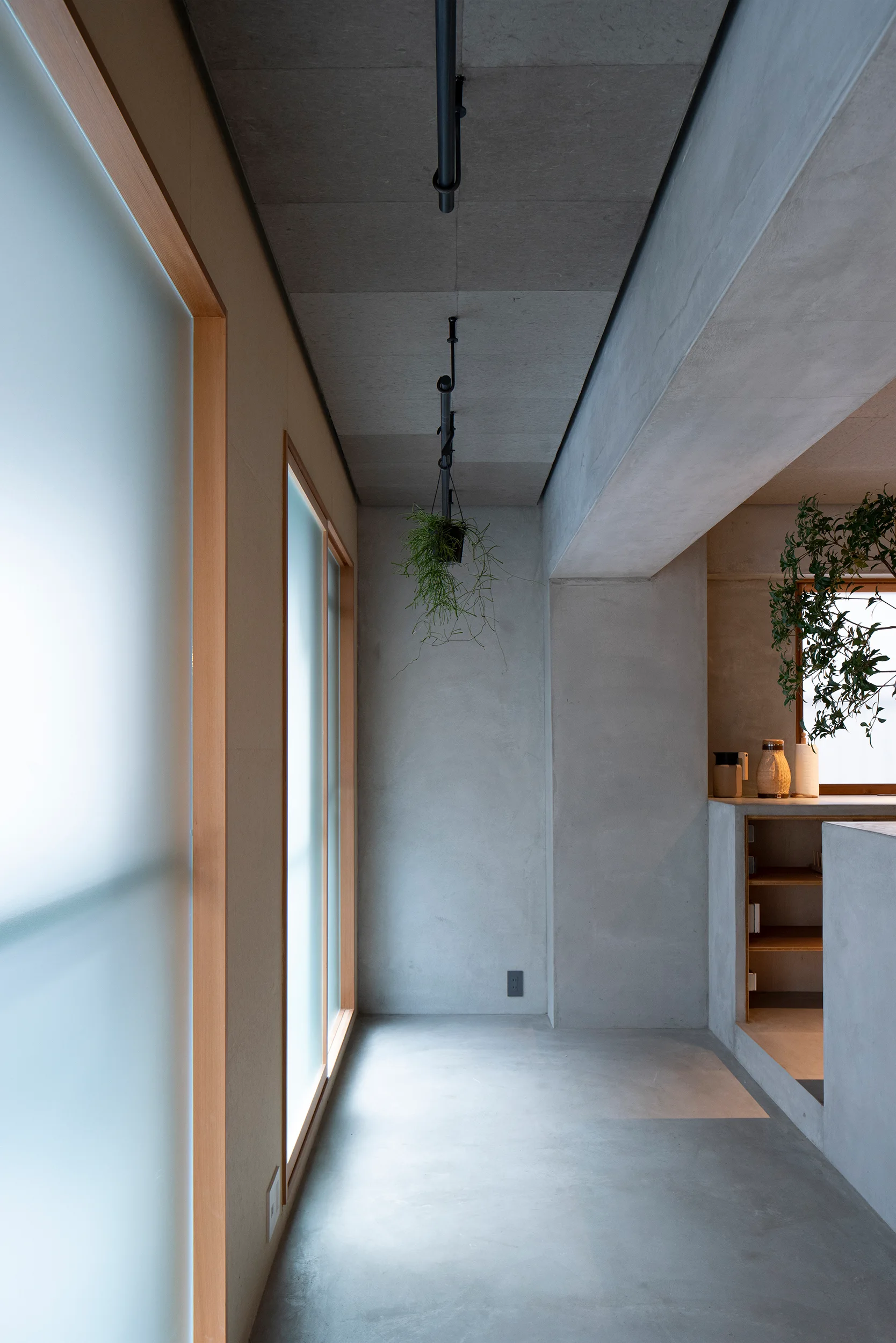 A minimalist hallway featuring smooth concrete walls, a matching ceiling, and large frosted glass windows framed in light wood.