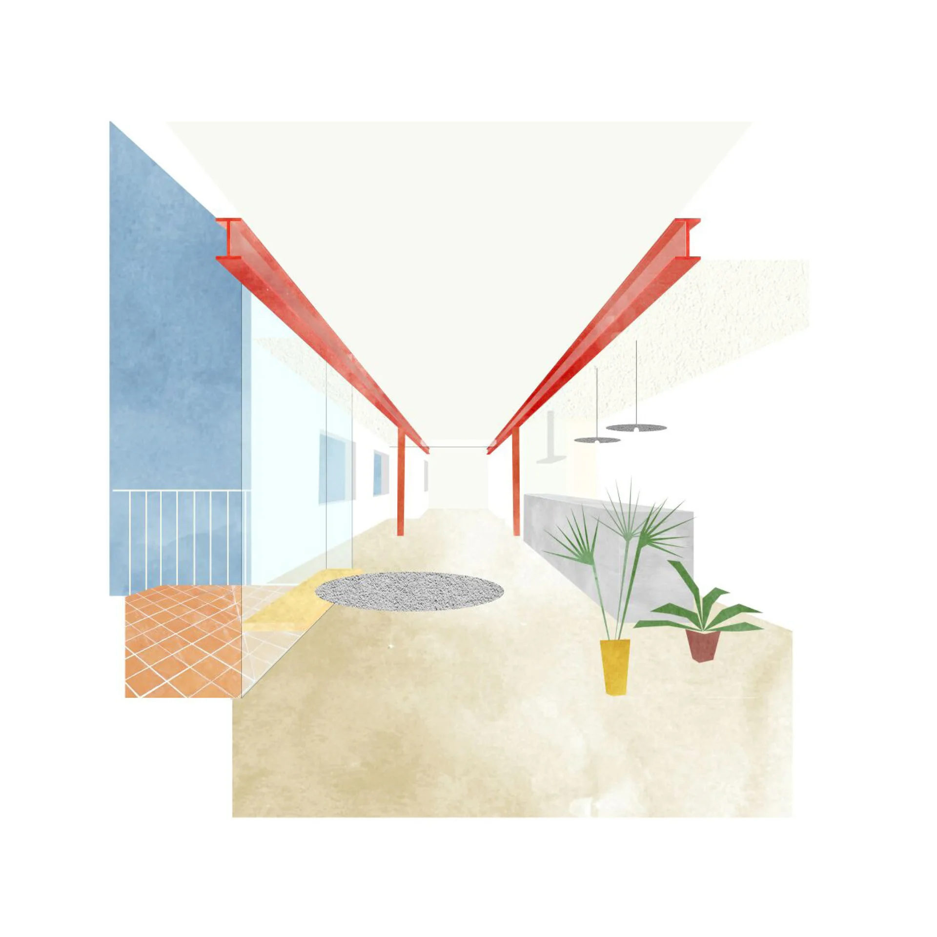 An architectural illustration of a modern corridor with exposed red structural beams, a grey counter, and simple potted green plants.