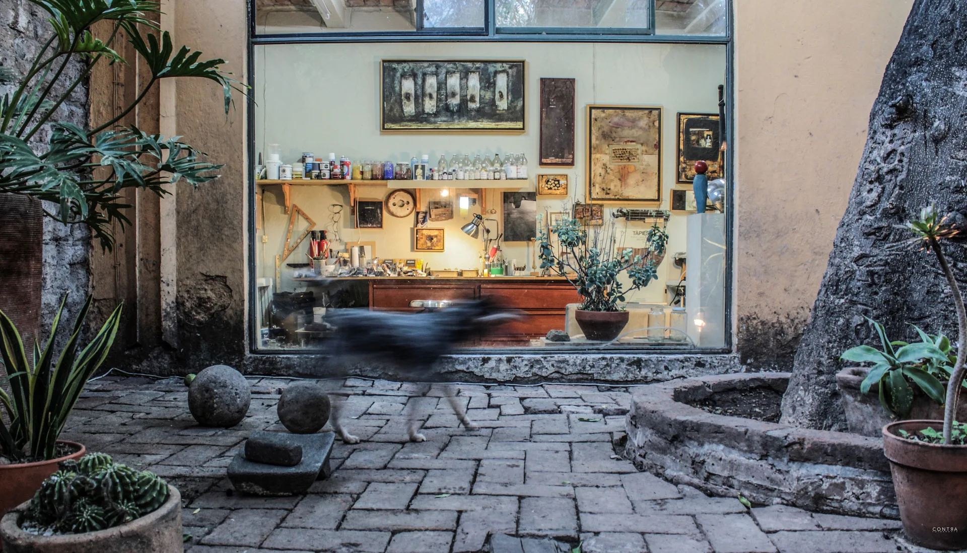 A large glass window looks from a brick-paved courtyard with potted plants into an artist's studio filled with supplies and paintings.