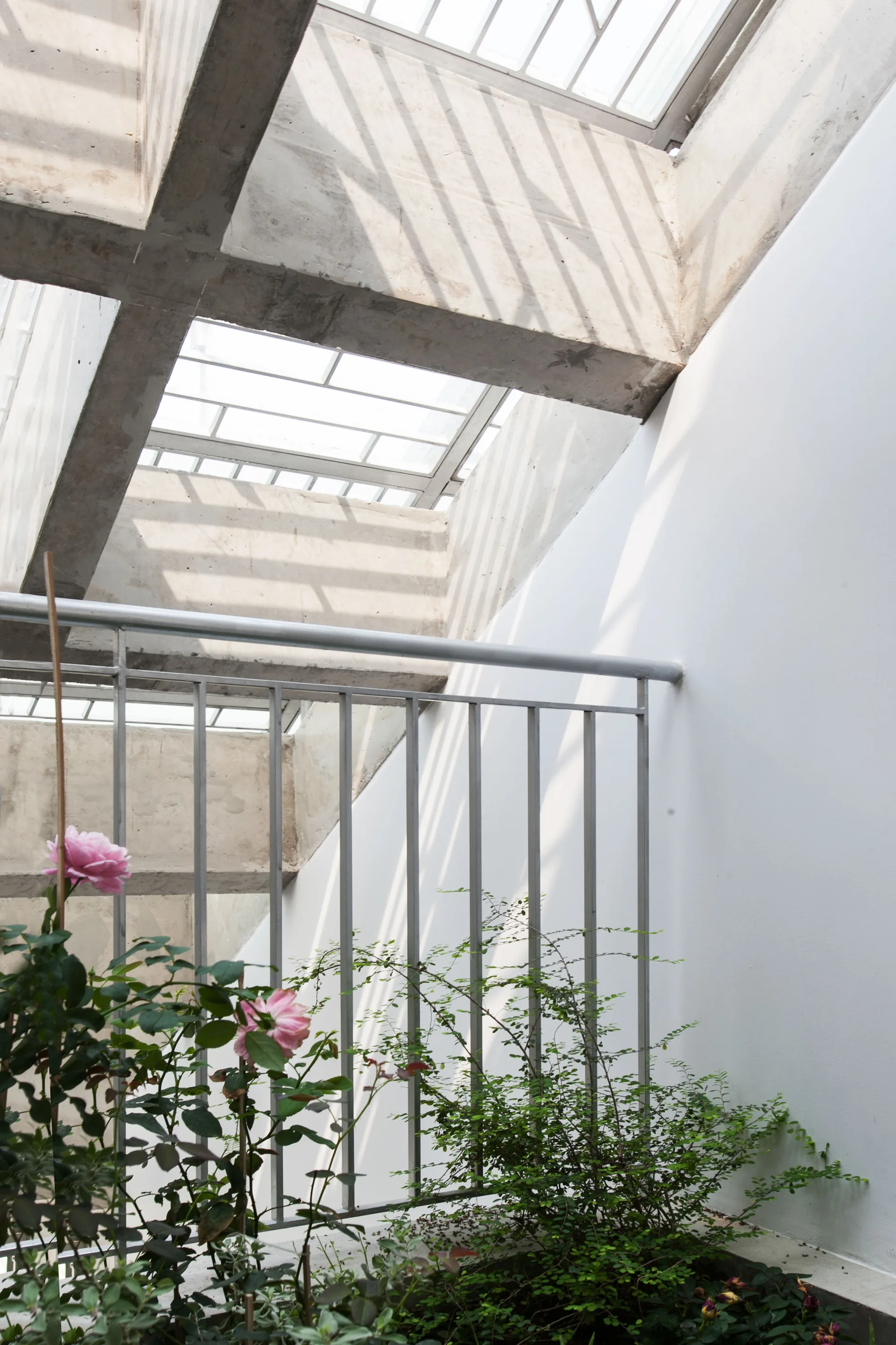 An indoor staircase area features a metal railing and green plants beneath exposed concrete ceiling beams and a large glass skylight.