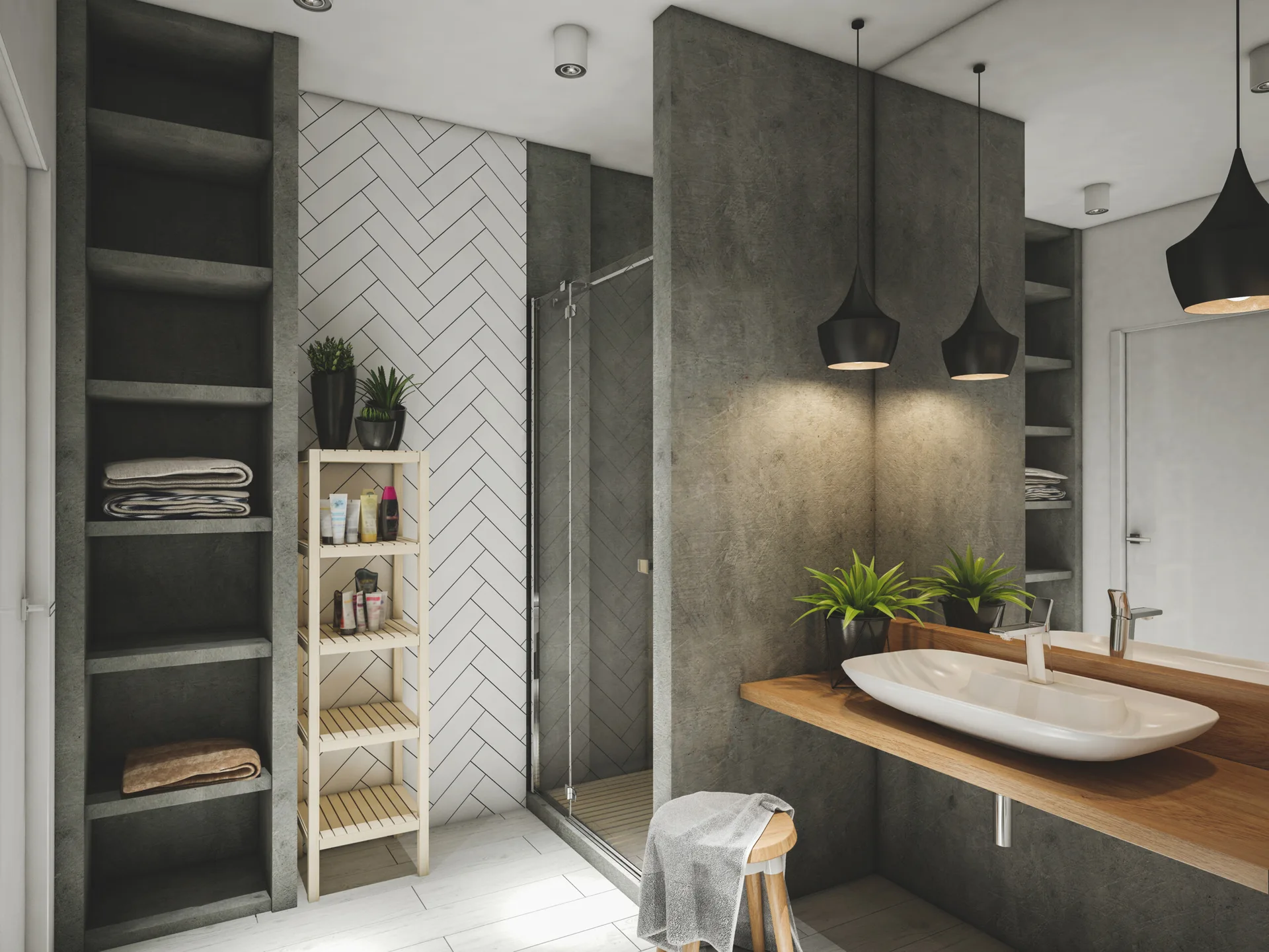 A modern bathroom featuring grey concrete-like walls, a wooden slab vanity with a vessel sink, a white herringbone tiled wall, and built-in shelving.