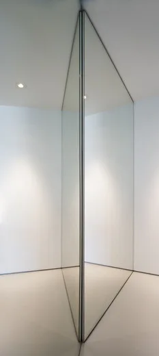 A minimalist corner features a full-height triangular mirrored panel reflecting plain white walls and a recessed ceiling spotlight.