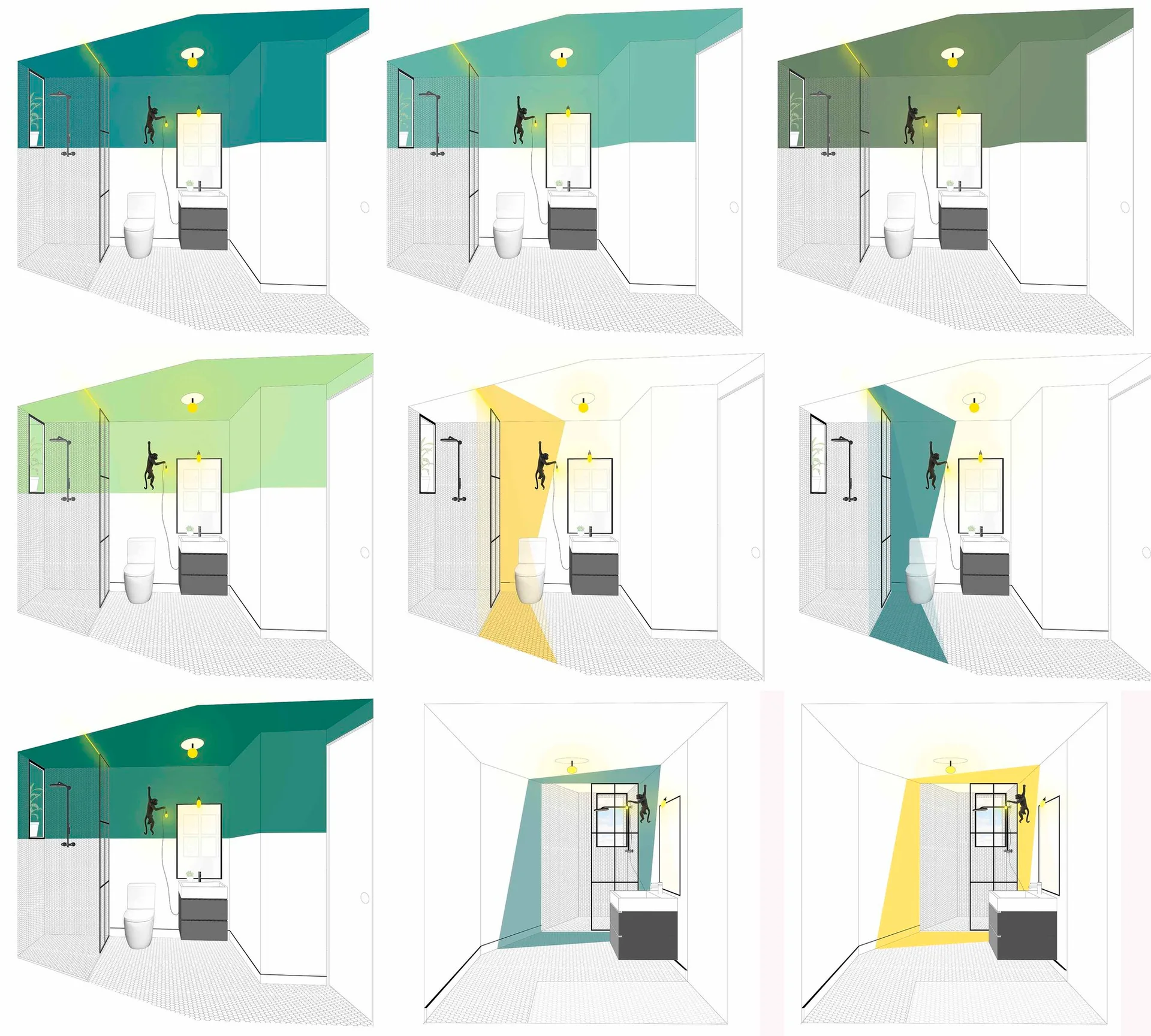 A grid of nine digital renderings shows various color-blocking paint ideas in a modern bathroom with hexagonal floor tiles and a playful monkey light.