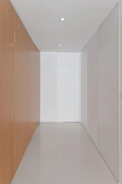 A long minimalist hallway features warm wood wall paneling on one side and flush white closet doors on the opposite side above glossy flooring.
