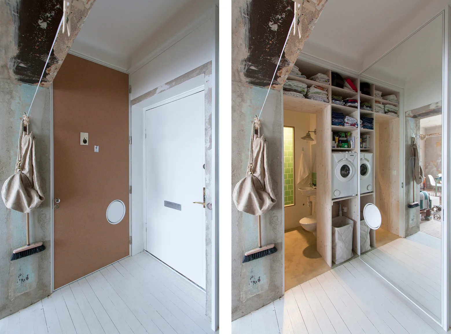 A split view of a hallway showing a custom plywood laundry shelving unit next to an entryway, hidden behind a large sliding mirrored door.