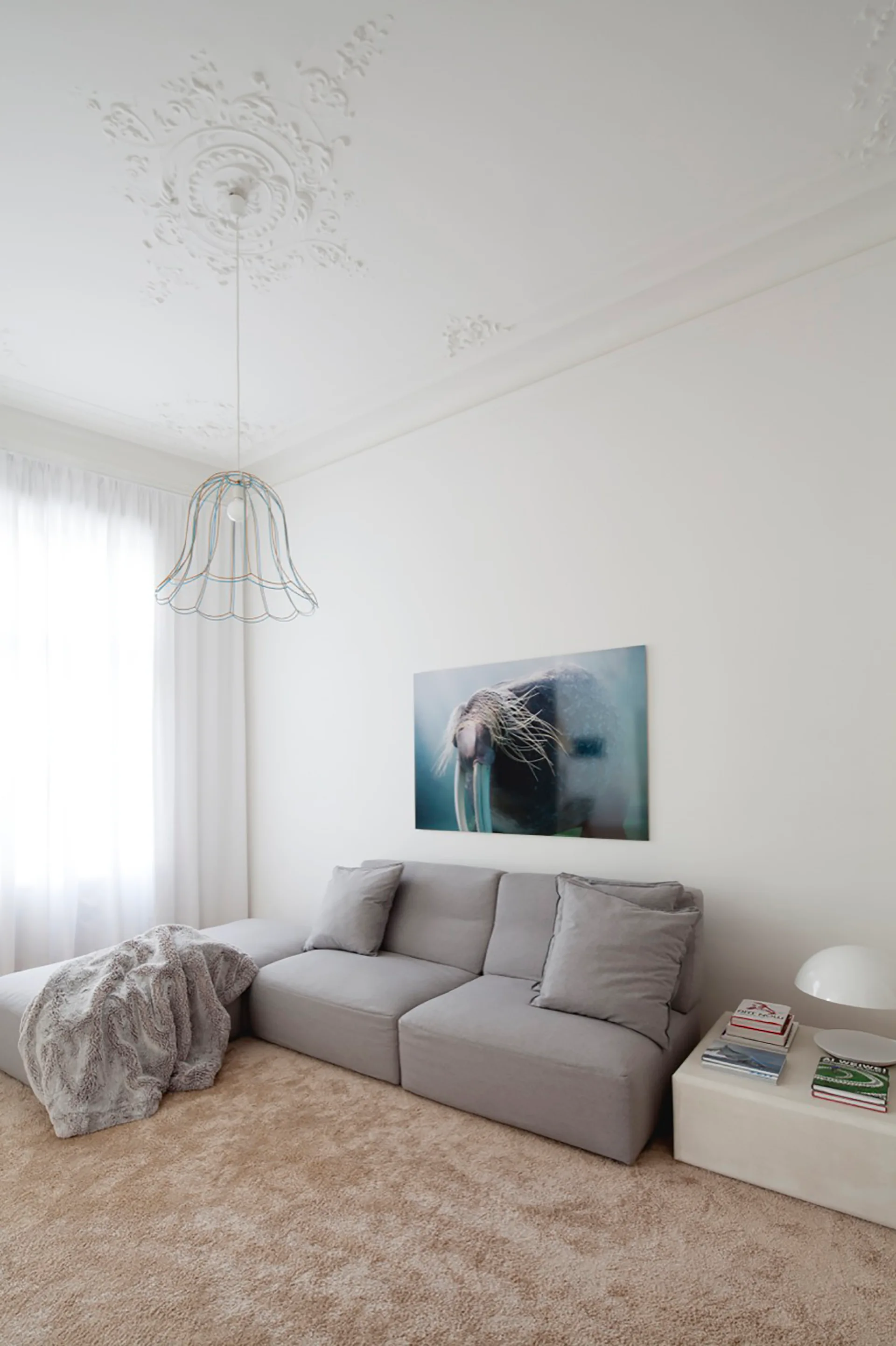 A light-filled living room featuring a grey sectional sofa, white sheer curtains, an ornate plaster ceiling medallion, and a low white side table.