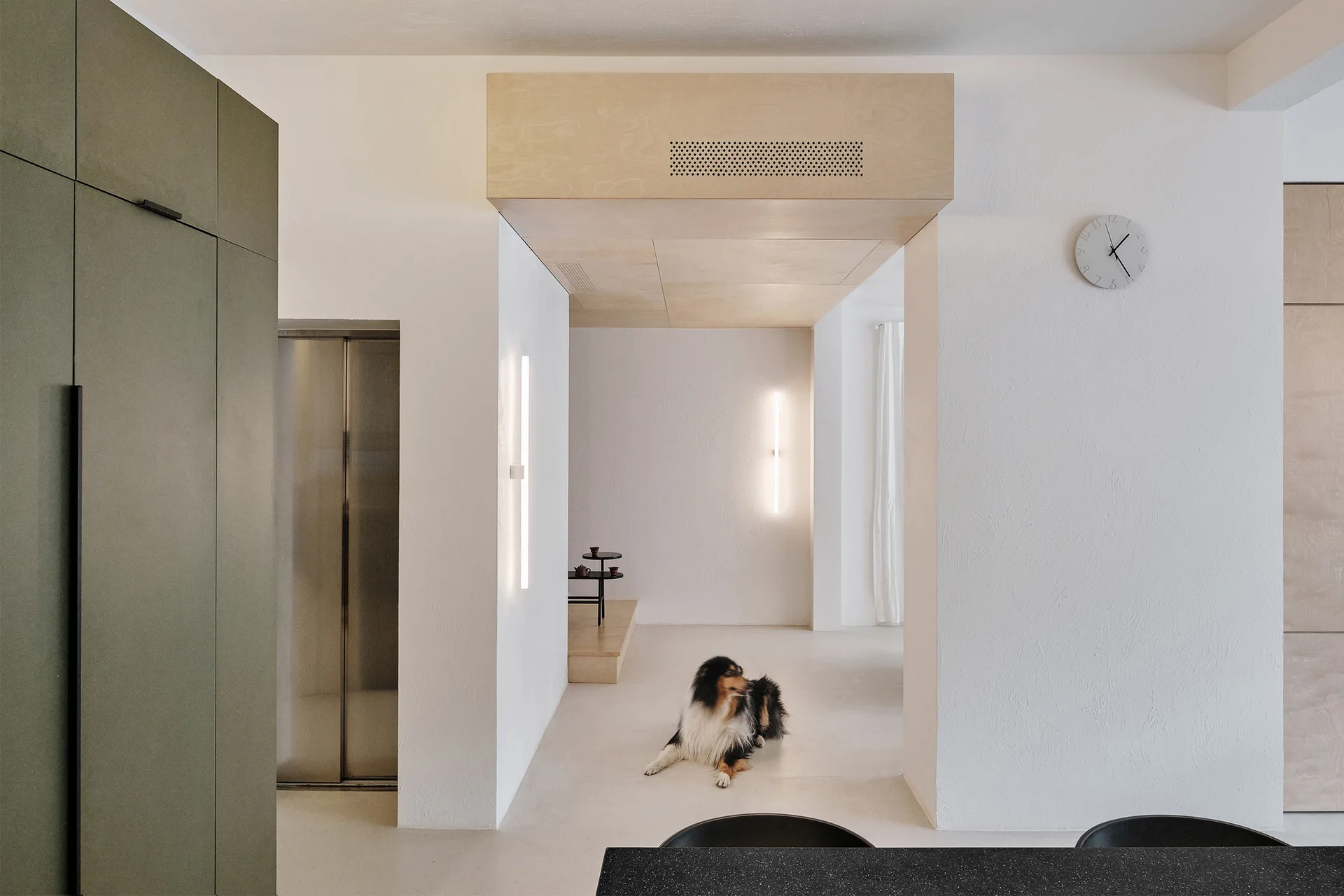 A minimalist entryway features olive green cabinets, textured white walls, a plywood ceiling soffit, and vertical linear light fixtures.