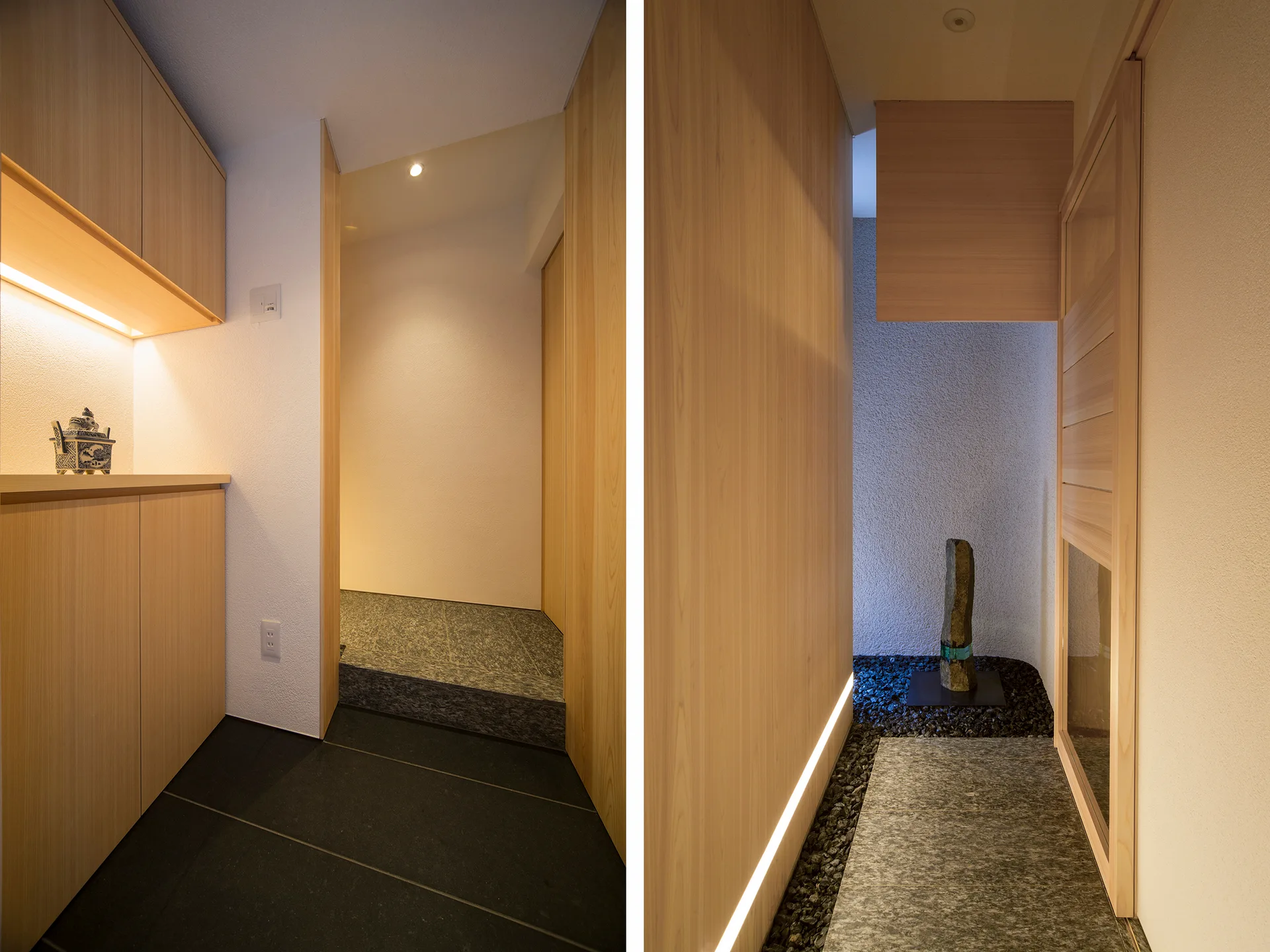 A split-view photo of a minimalist entryway featuring light wood cabinetry, stone flooring, and a narrow gravel-lined pathway with a stone sculpture.
