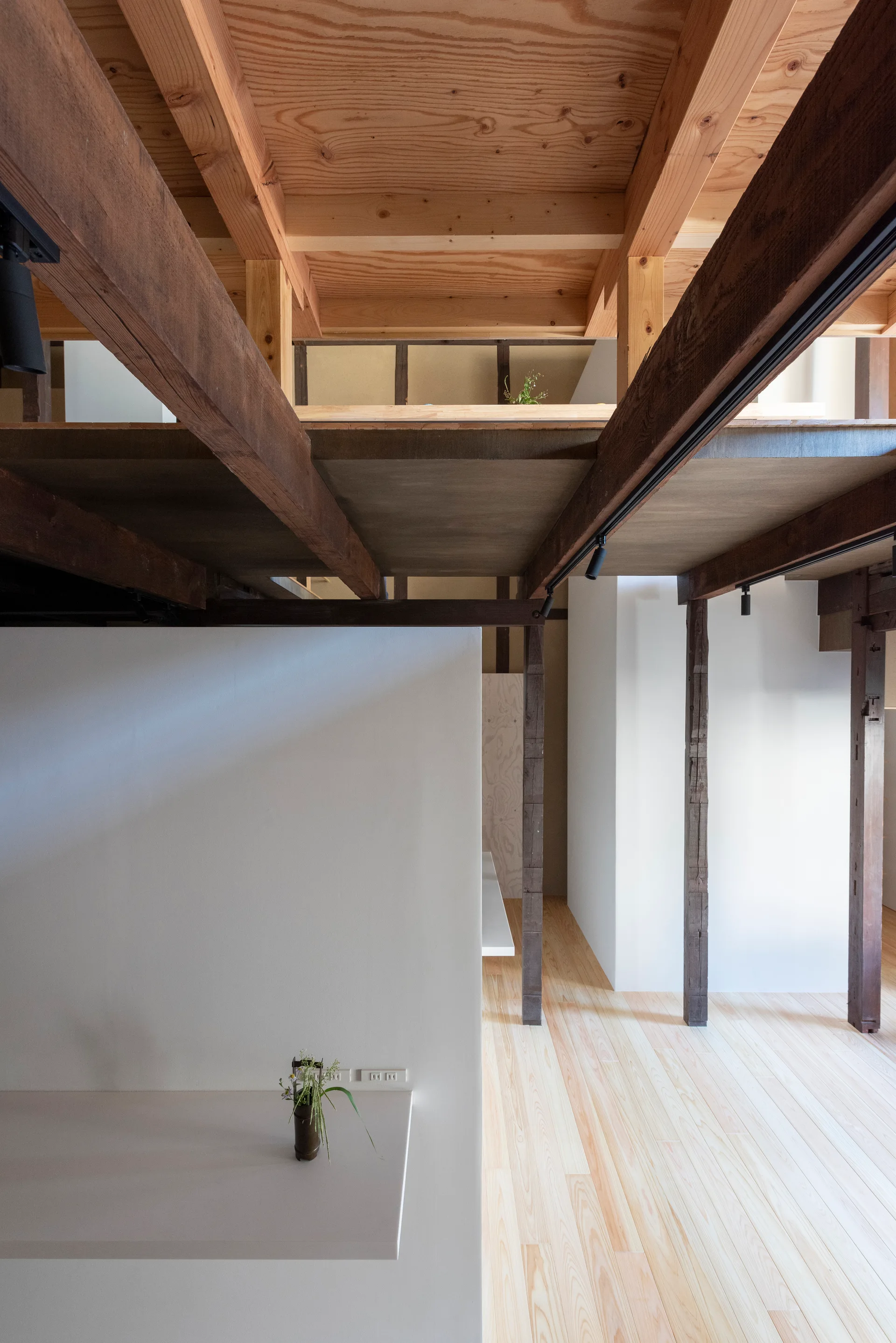 An interior view of a minimalist multi-level space with exposed dark wood timber framing, white walls, and light-colored wood plank flooring.