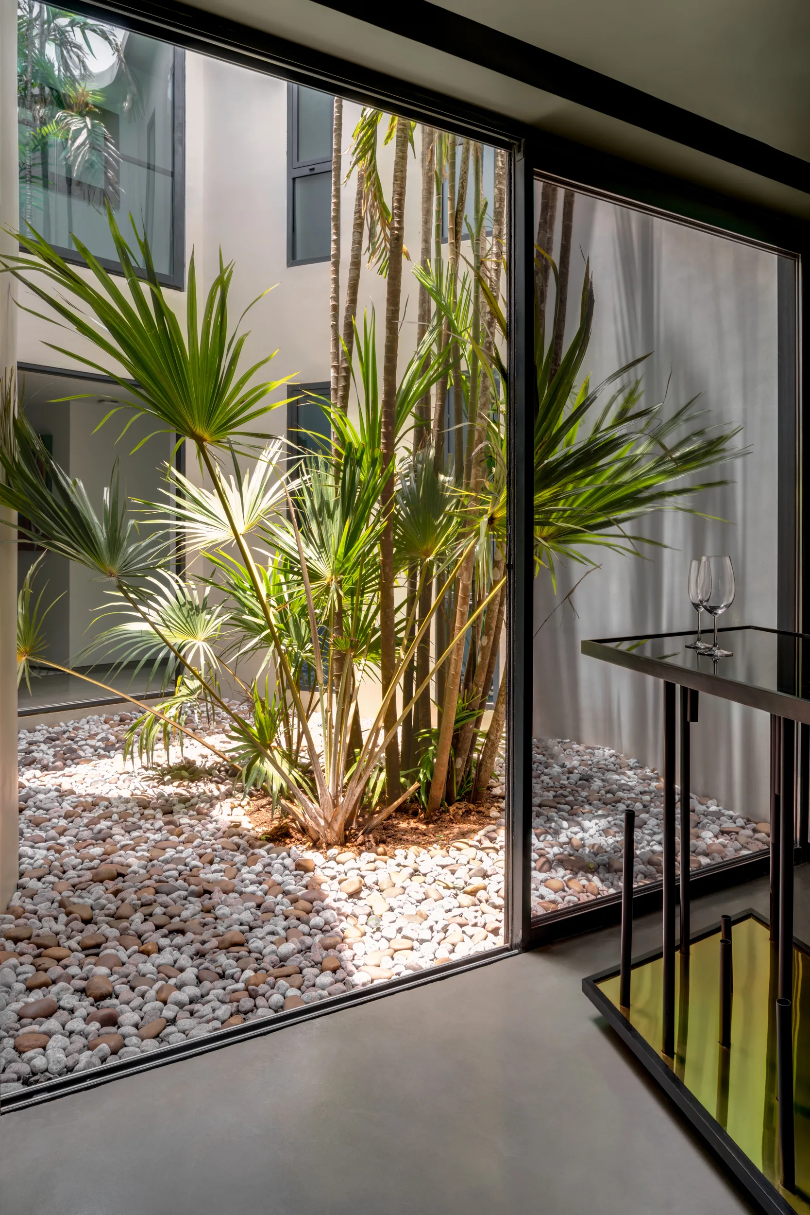 A view through a floor-to-ceiling glass wall looking into a sunlit courtyard filled with river stones and tall green palm plants.