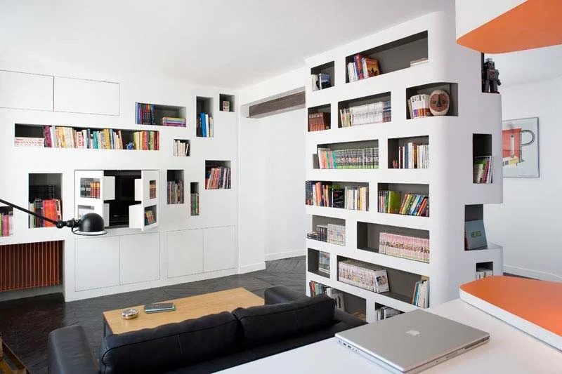 The “Front and back” Apartment, h2o architectes, Table, Shelving