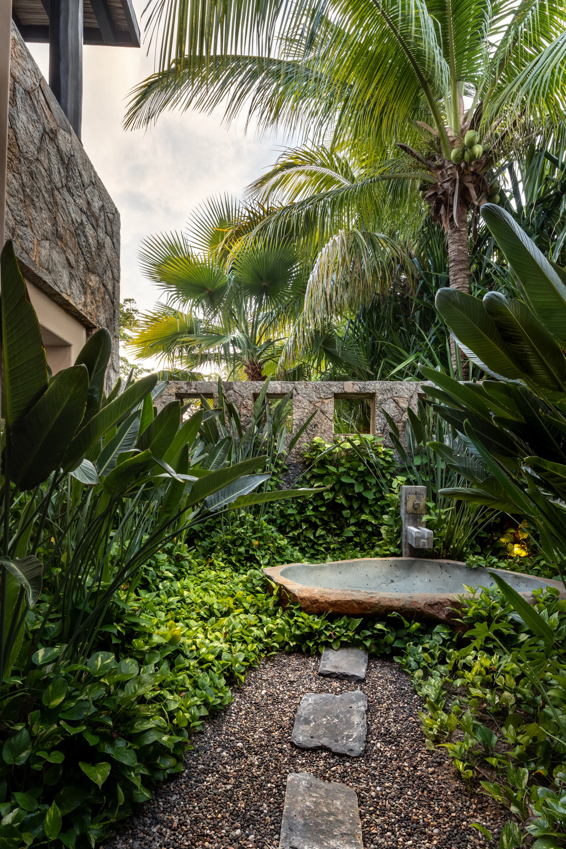 A rustic stone basin sits nestled among lush green tropical plants next to a gravel path with flat stepping stones in an outdoor garden.