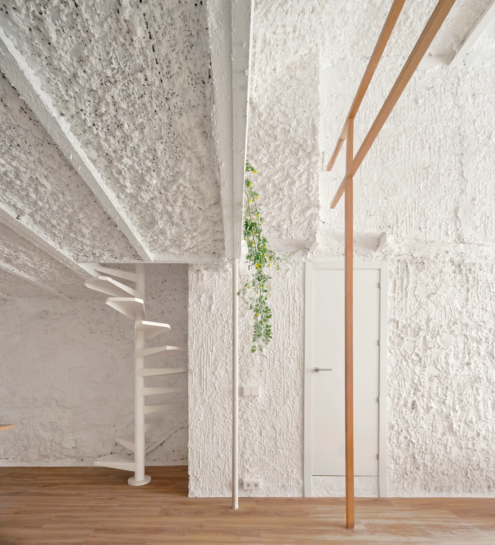 A minimalist room with highly textured white plaster walls, light wood flooring, a white spiral staircase, and a simple flush door.