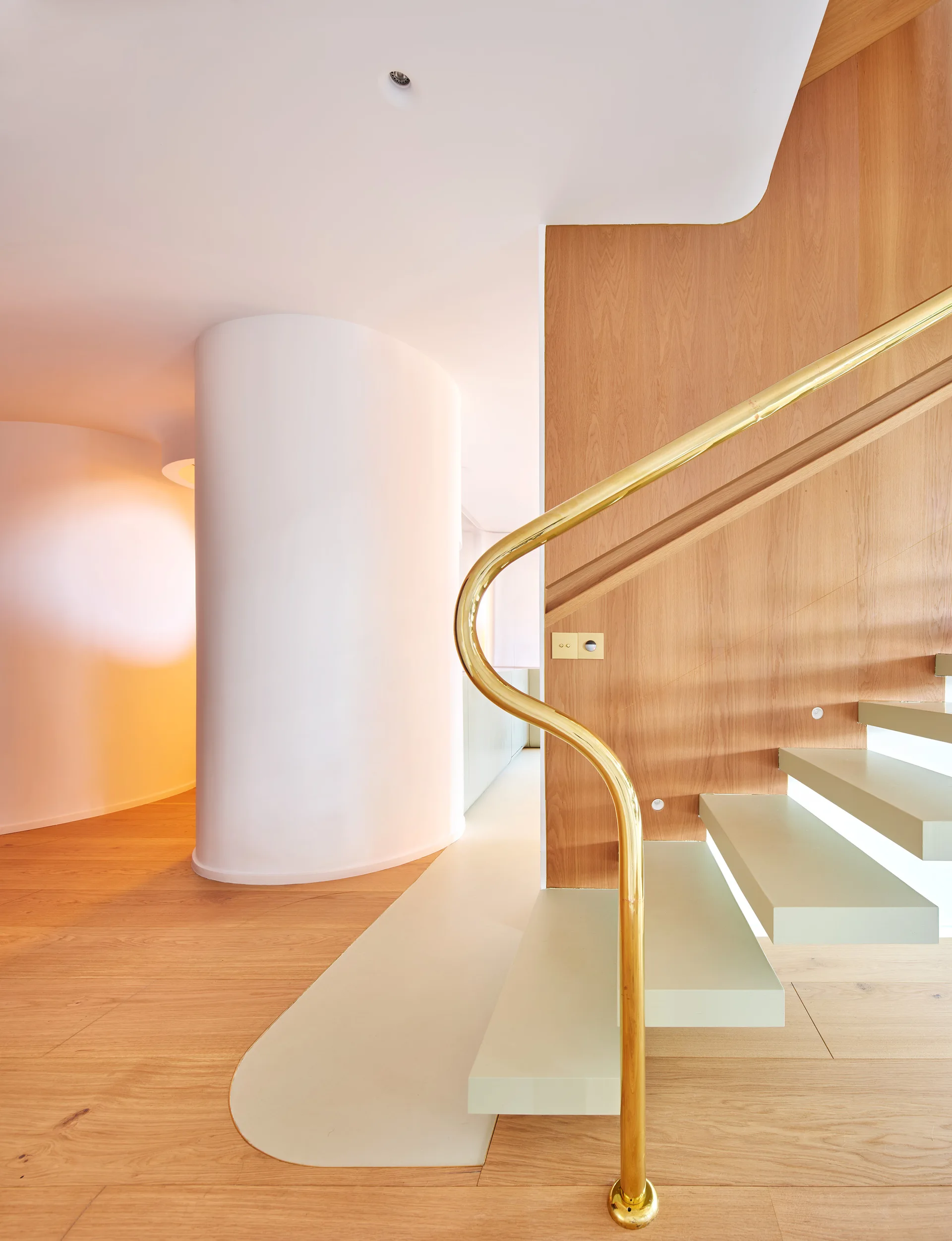 Floating wooden steps feature a polished brass handrail set against a wood-paneled wall next to a curved white architectural partition.