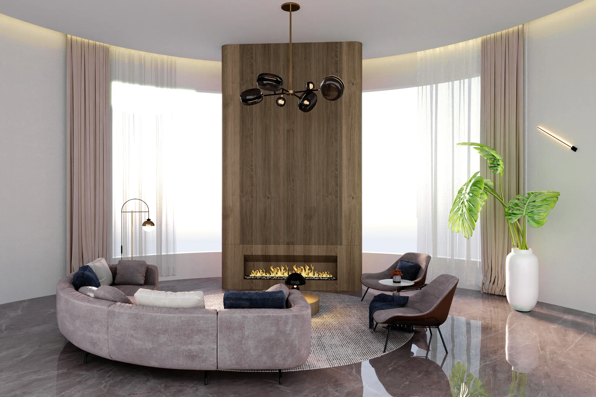 A circular living room with a curved sectional sofa, two armchairs, a central slatted wood fireplace, and sheer curtains.