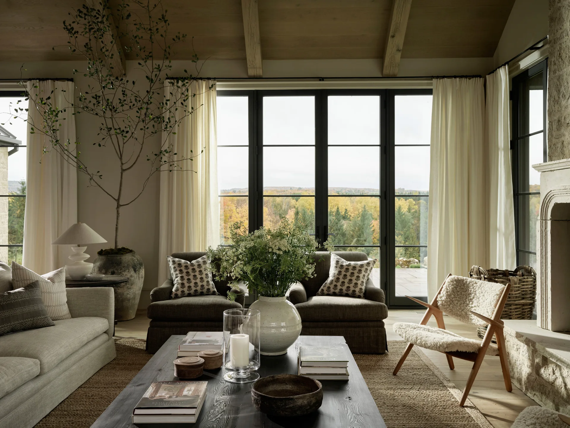 A light-filled living room featuring a vaulted wood ceiling, black-framed windows, a dark wood coffee table, and a sheepskin-covered accent chair.