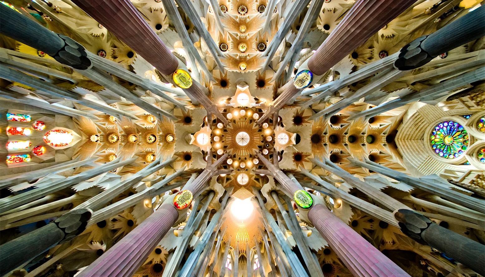 Low-angle view of a highly detailed vaulted stone ceiling with fluted columns, geometric star-shaped carvings, and stained glass windows.