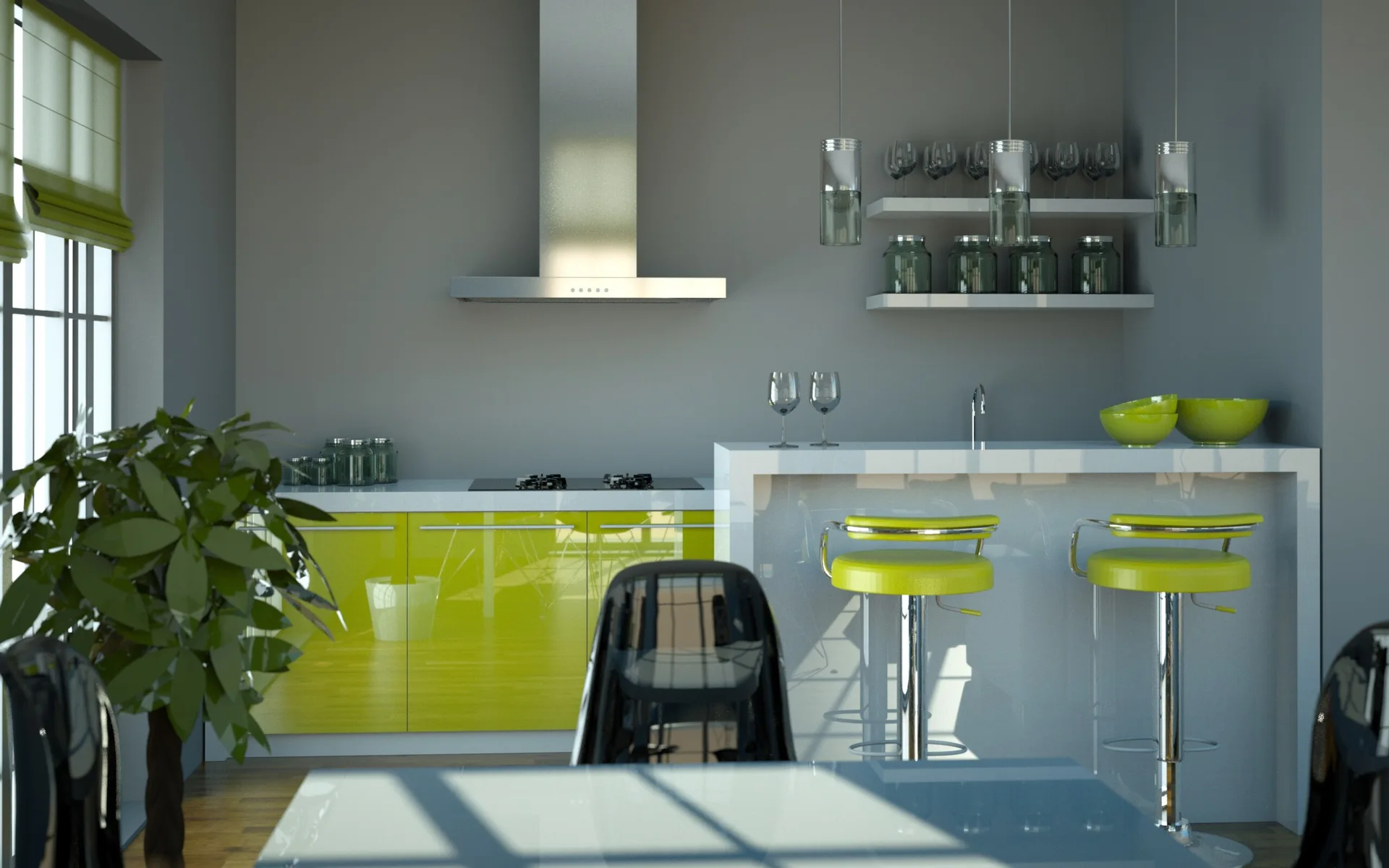 A modern kitchen features glossy lime green lower cabinets, a solid white island with chartreuse barstools, and a stainless steel range hood.