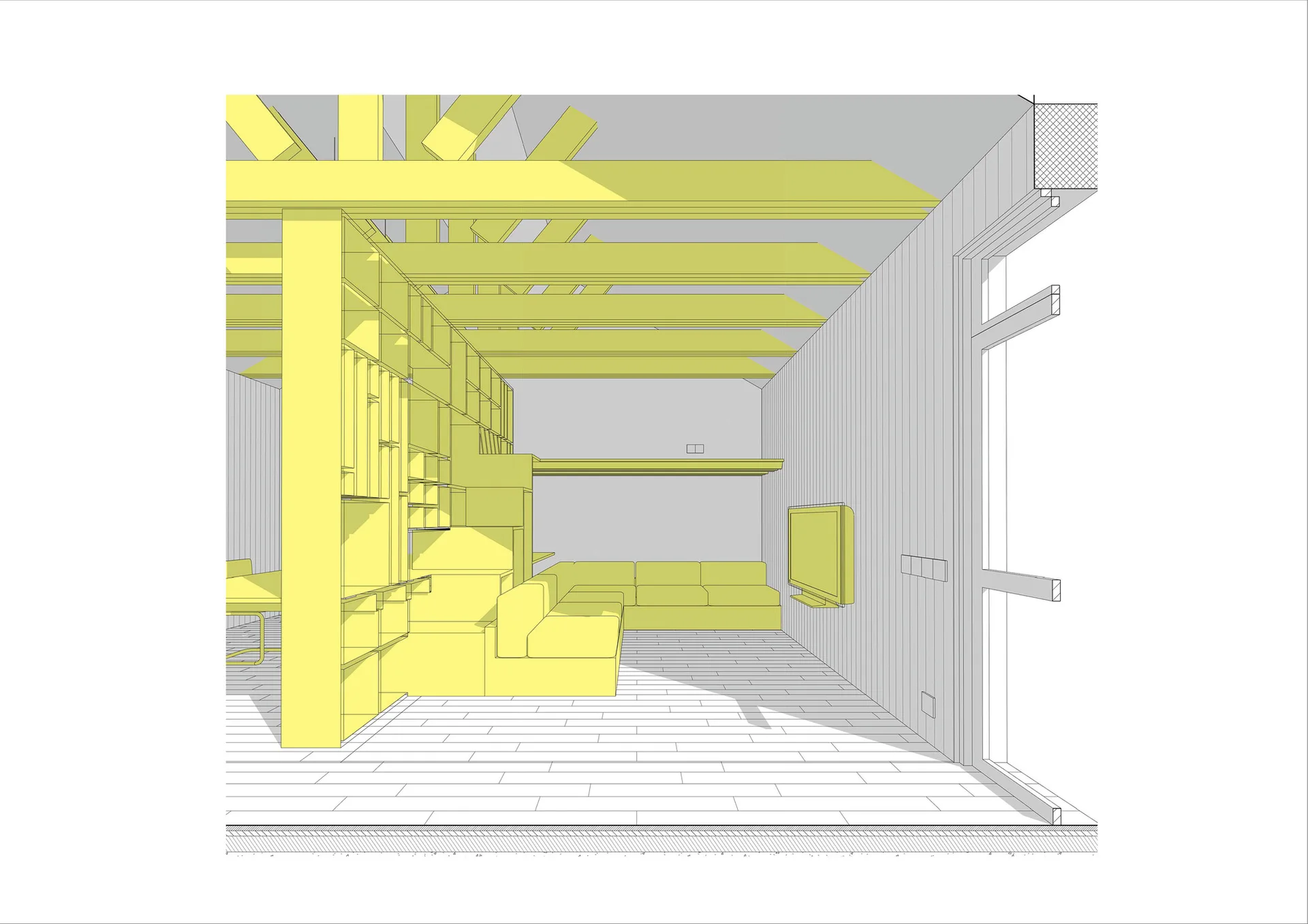 An architectural perspective rendering of a living room with a yellow sectional sofa, integrated shelving, and exposed ceiling beams.