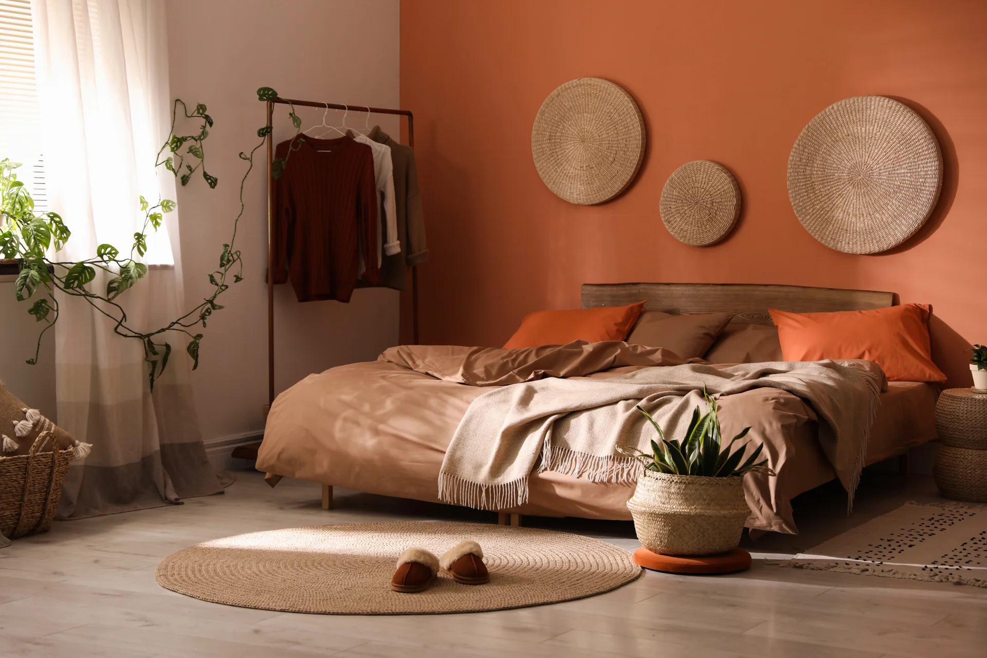 A bedroom features a bed with tan bedding against a terracotta wall adorned with three round woven hangings beside a metal clothing rack.
