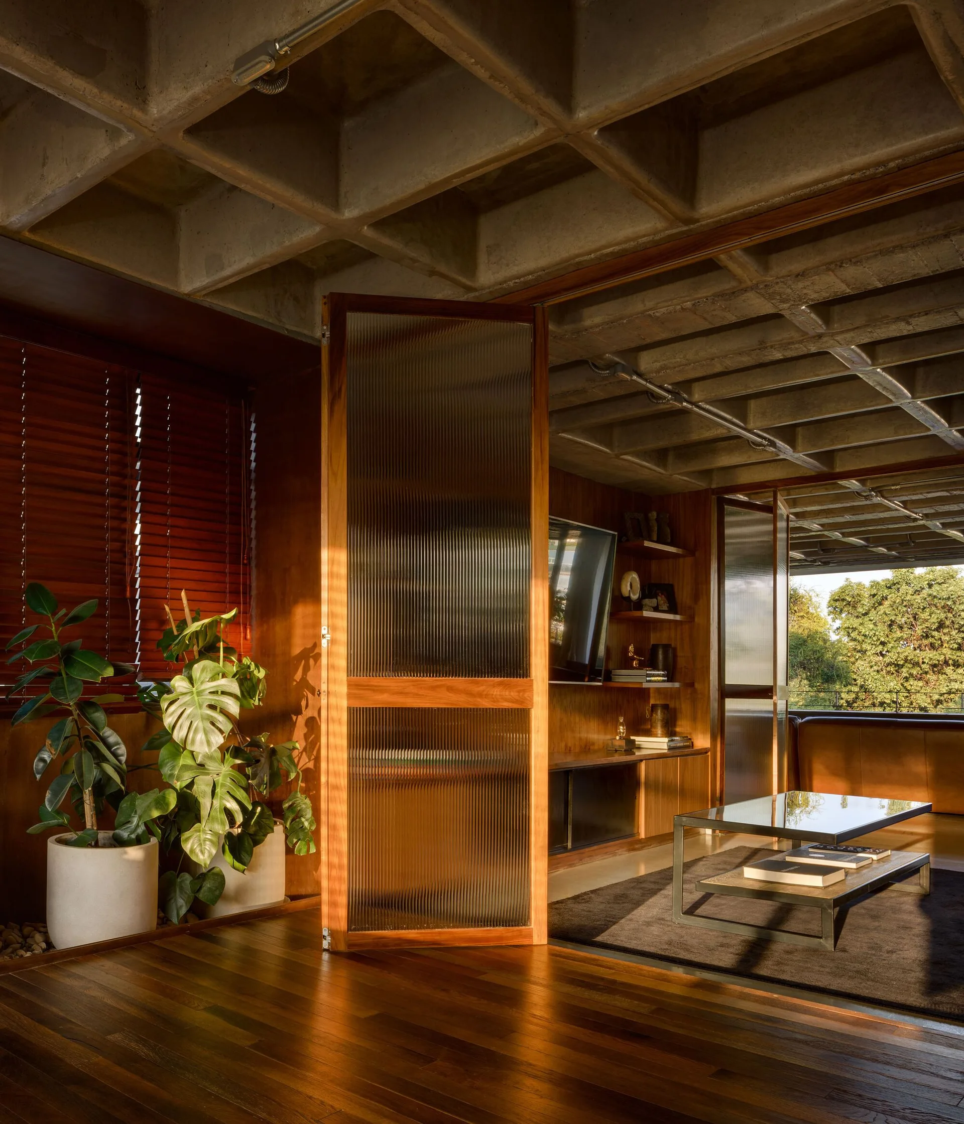 A residential living space with a waffle concrete ceiling, wood-paneled walls, a fluted glass partition door, and potted houseplants.