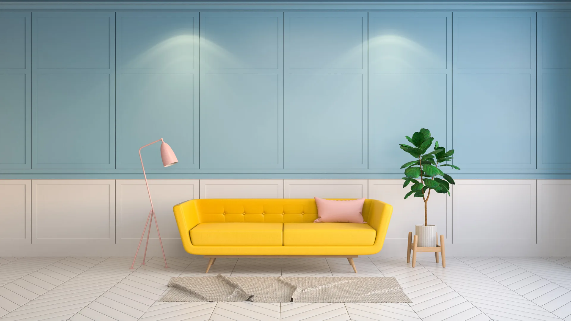 A yellow sofa is centered against a blue and white paneled wall next to a pink floor lamp and a potted plant on a white herringbone floor.