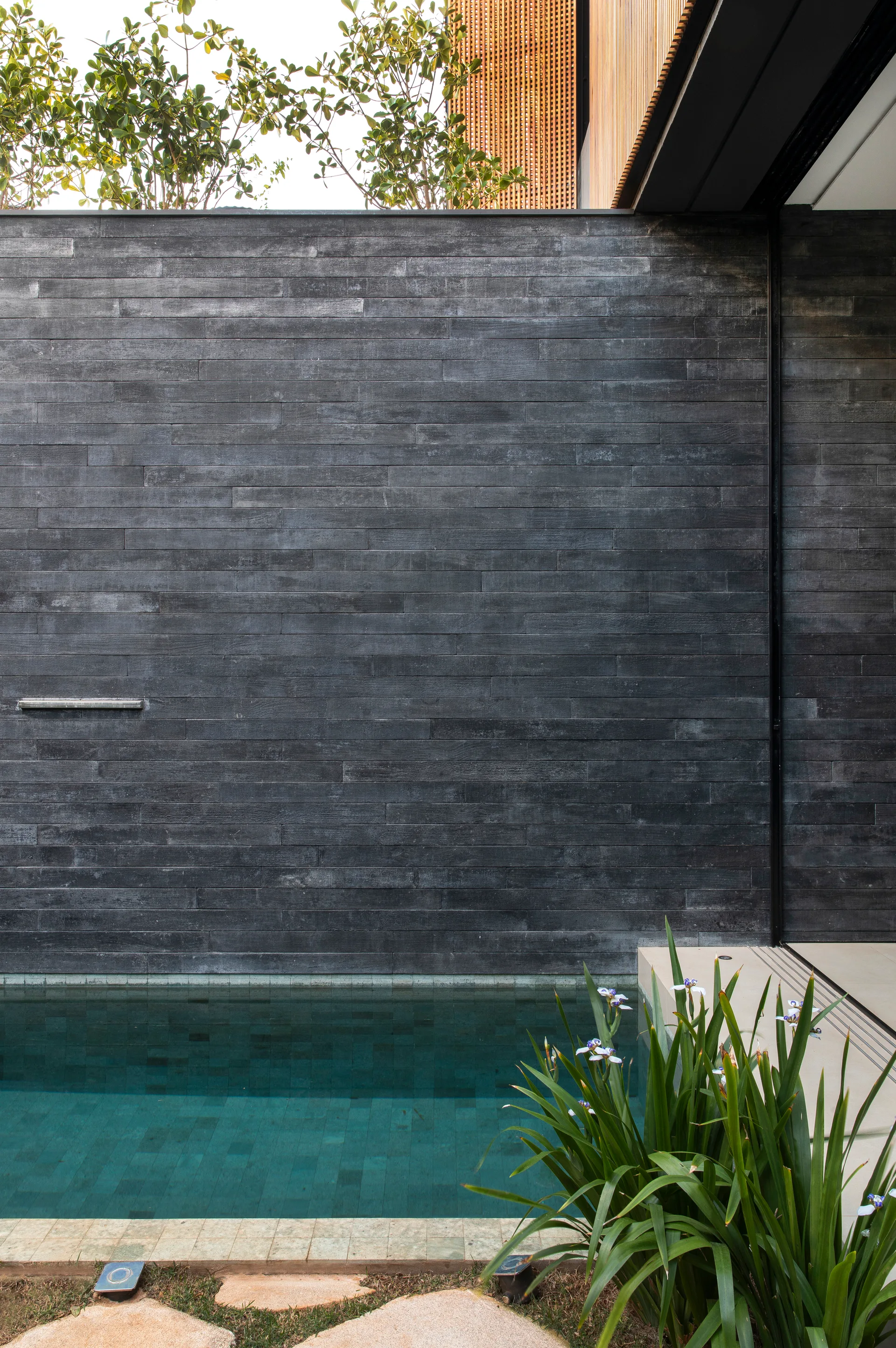 A rectangular turquoise swimming pool sits next to a dark grey tiled stone feature wall with vertical wood slats visible above.