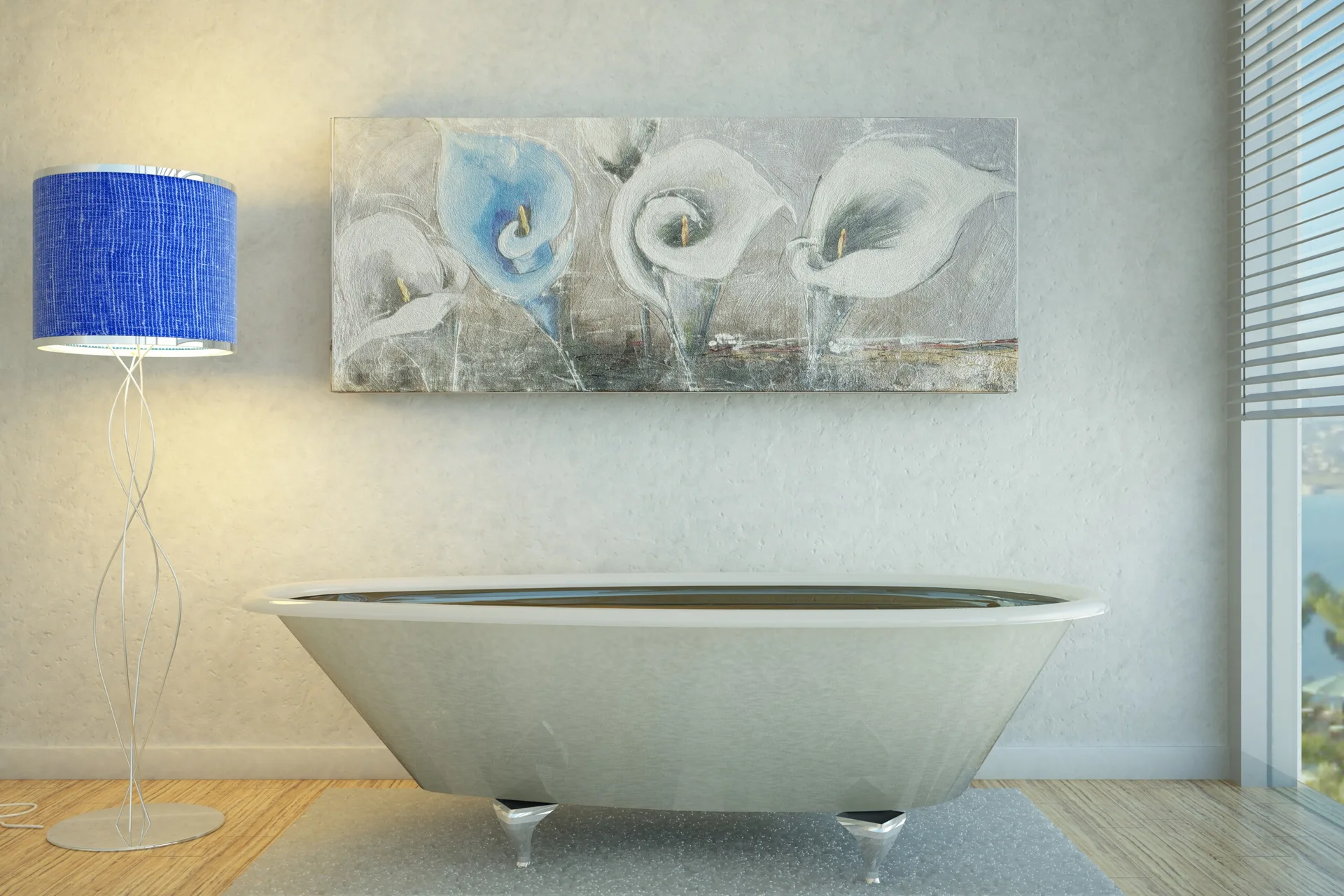 A modern freestanding bathtub stands on a light wood floor in front of a textured plaster wall adorned with a large floral painting.
