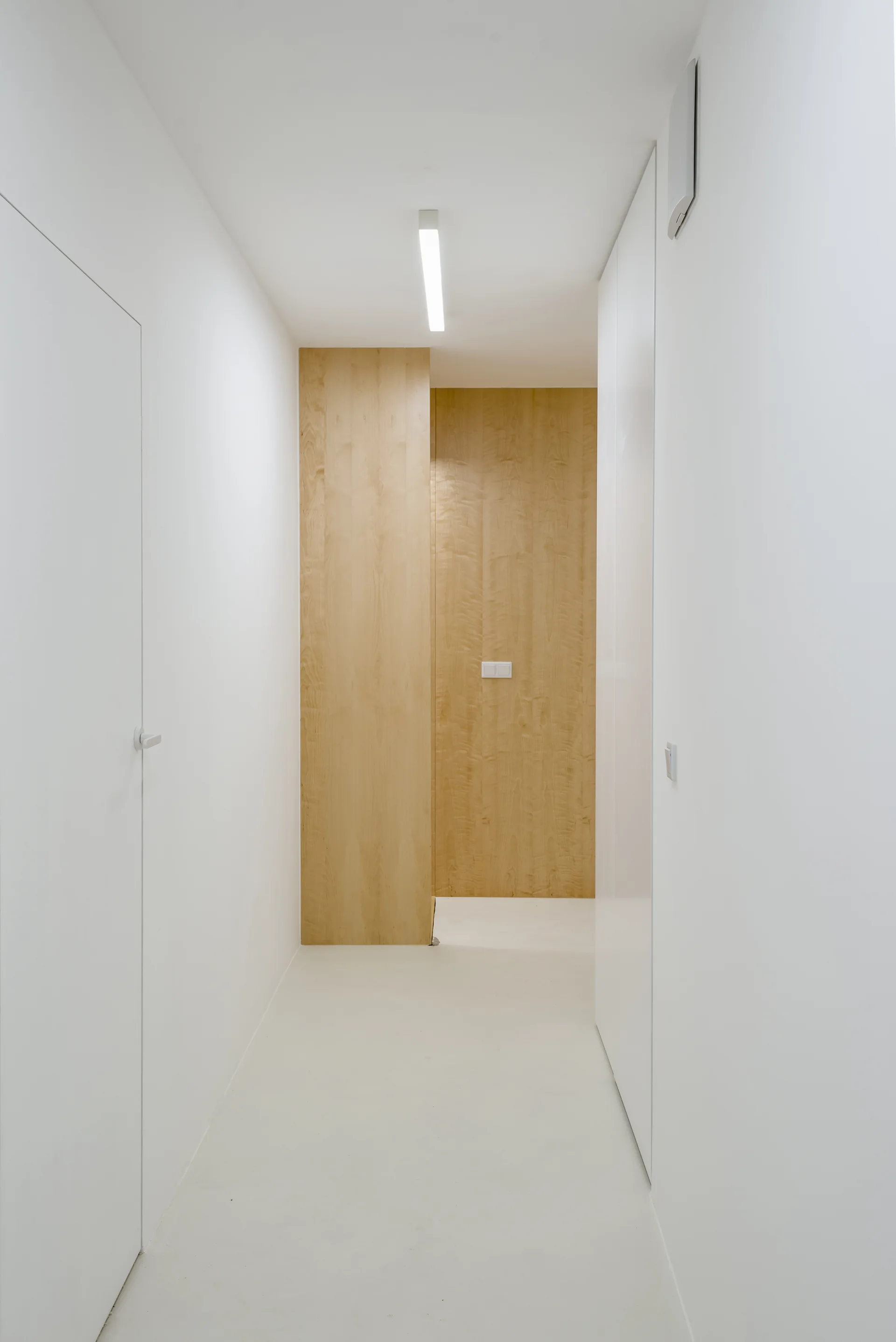 A narrow white minimalist hallway features flush-integrated doors and a light wood paneled wall at the far end illuminated by a ceiling light.