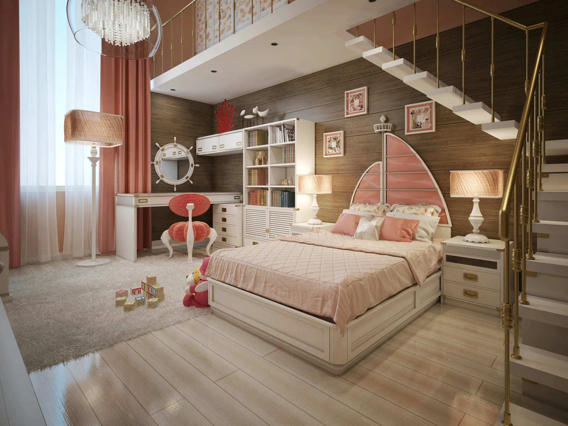A children's bedroom features a bed with a pink sail-shaped headboard, horizontal wood paneling, a white desk, and a staircase leading to a loft.