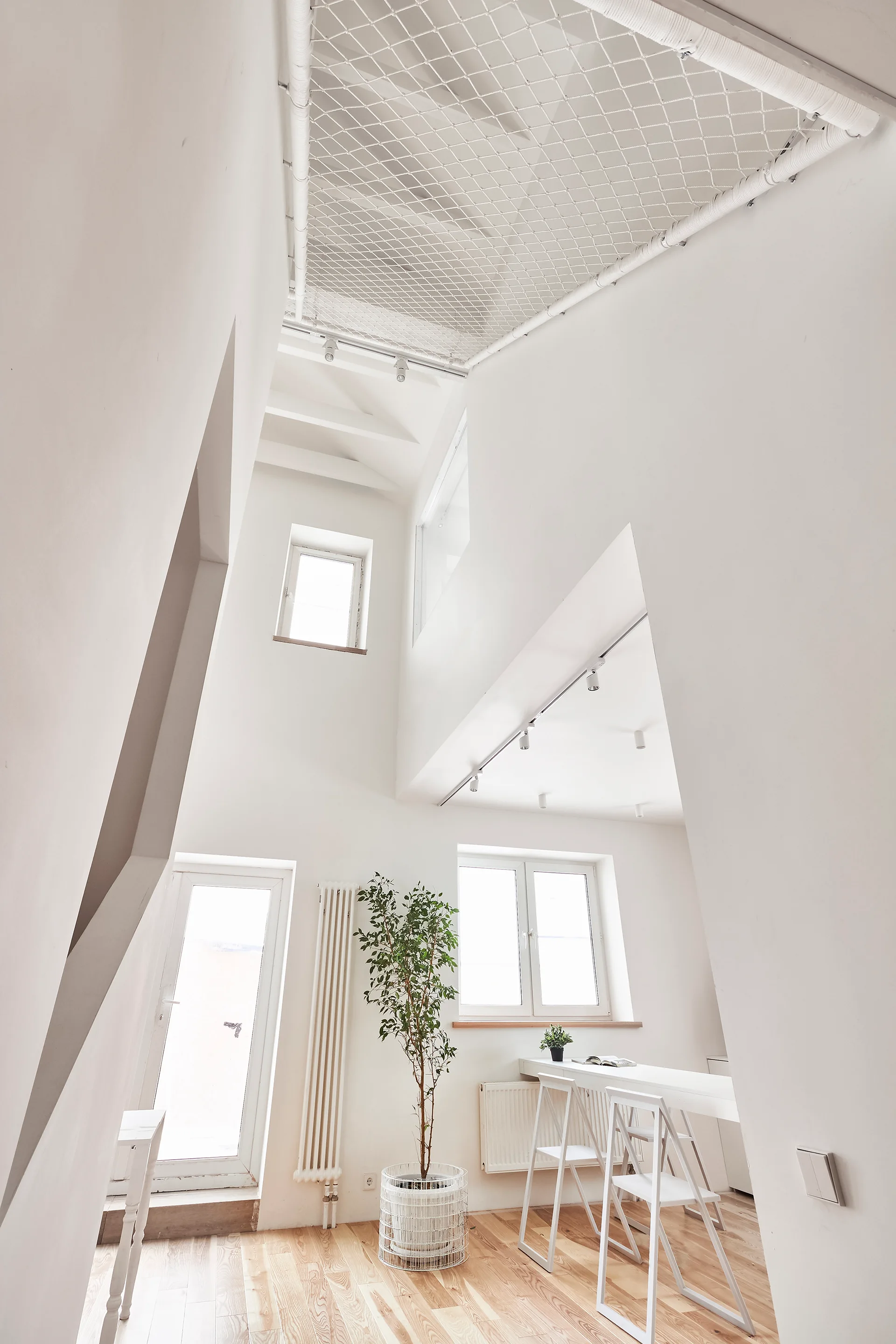 A bright white minimalist room with light wood floors, folding chairs, a tall plant, and a white hammock net stretched across the high ceiling.