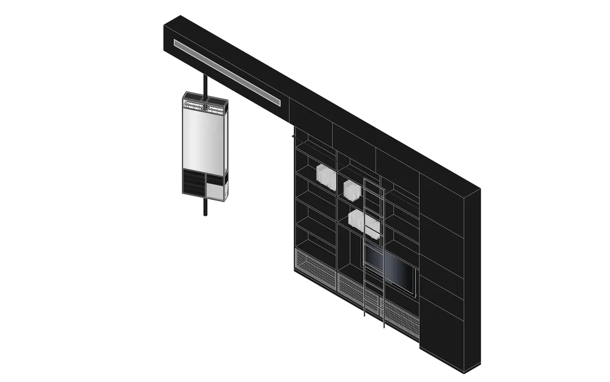 An isometric architectural render of a matte black custom wall storage unit featuring integrated shelving, a built-in ladder, and a television niche.