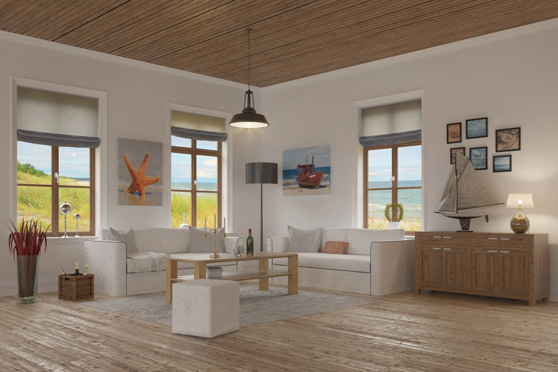 A coastal living room features white sofas, a light wood coffee table, a wooden slat ceiling, and windows showing a beach view.