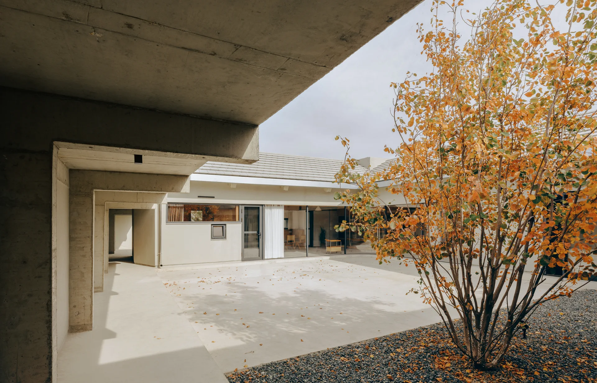 A minimalist concrete courtyard with an overhanging concrete canopy, a paved patio, and a gravel bed featuring an autumn tree.