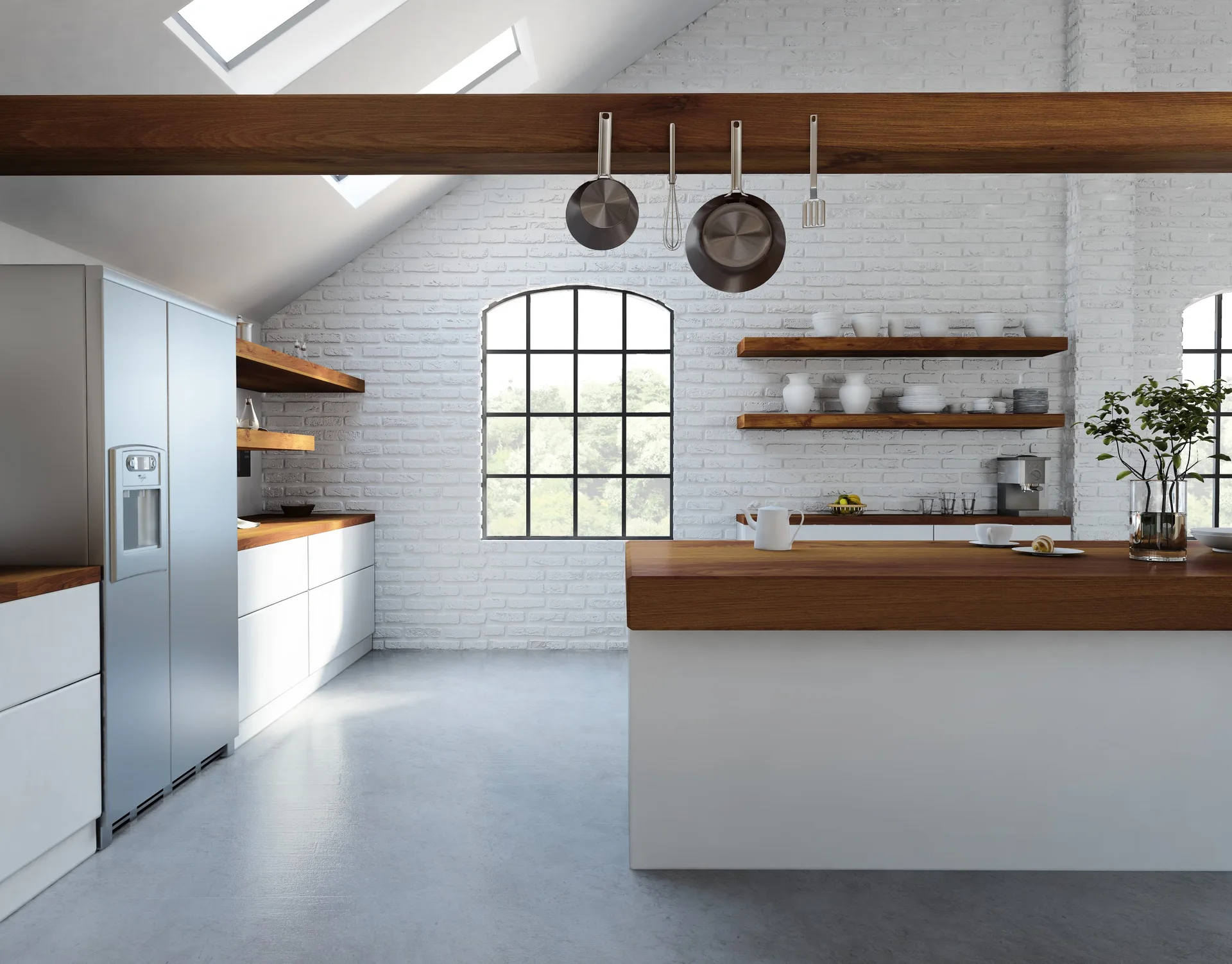 A modern loft kitchen features a white brick wall, wooden ceiling beams with hanging pots, skylights, and a central white island.