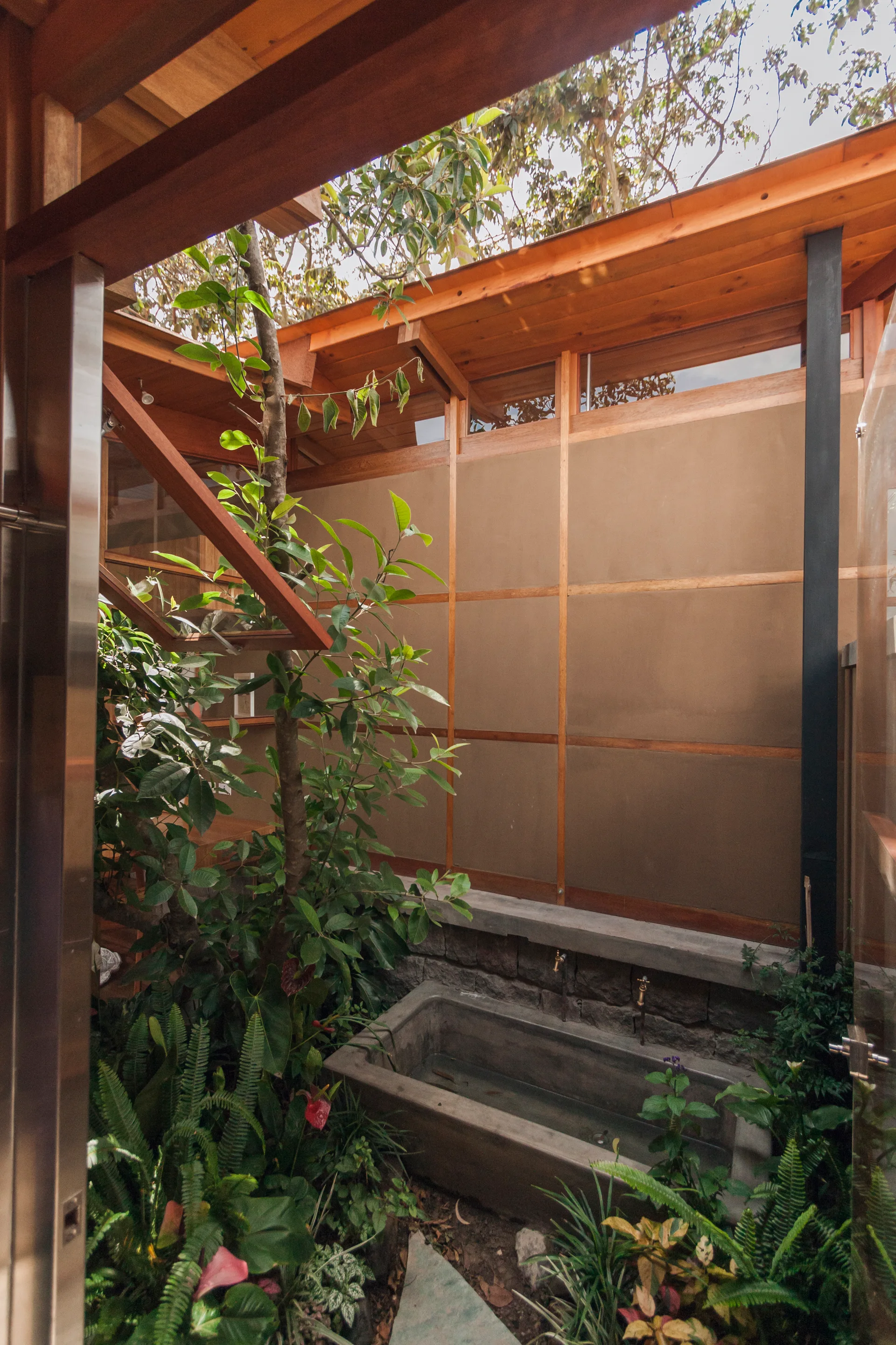 A concrete soaking tub is recessed into a dirt floor surrounded by lush ferns and plants, set against a wooden grid wall.