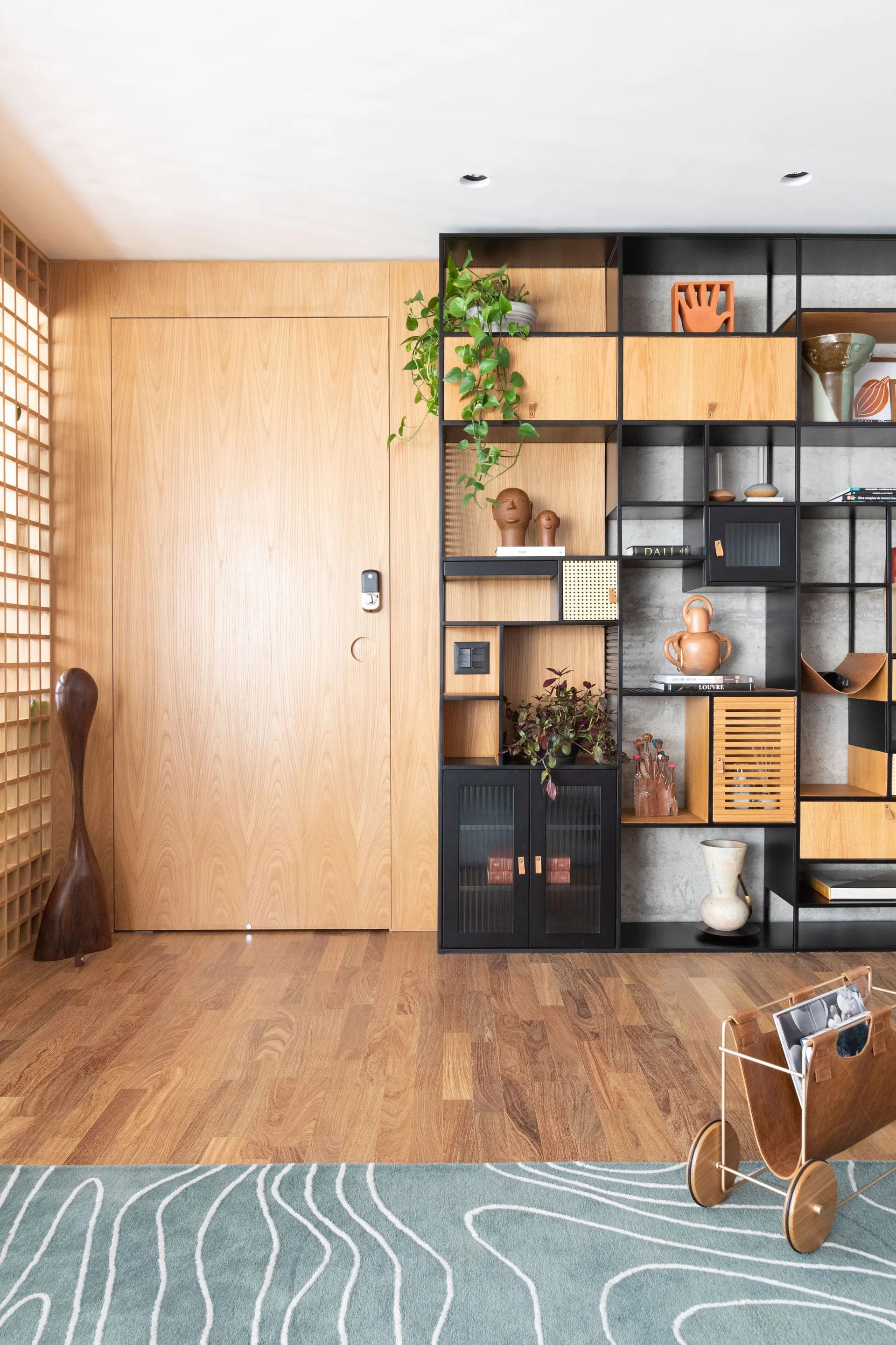 A modern foyer features a flush wood-paneled door next to a black metal modular bookshelf filled with plants and pottery on hardwood floors.