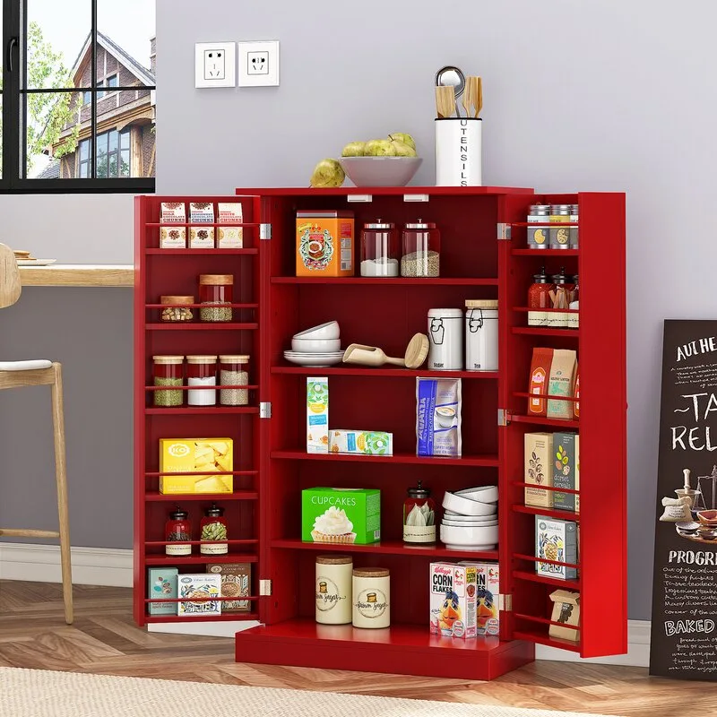 A bright red freestanding pantry cabinet stands open, revealing multiple shelves filled with food jars, boxes, and door organizer racks.
