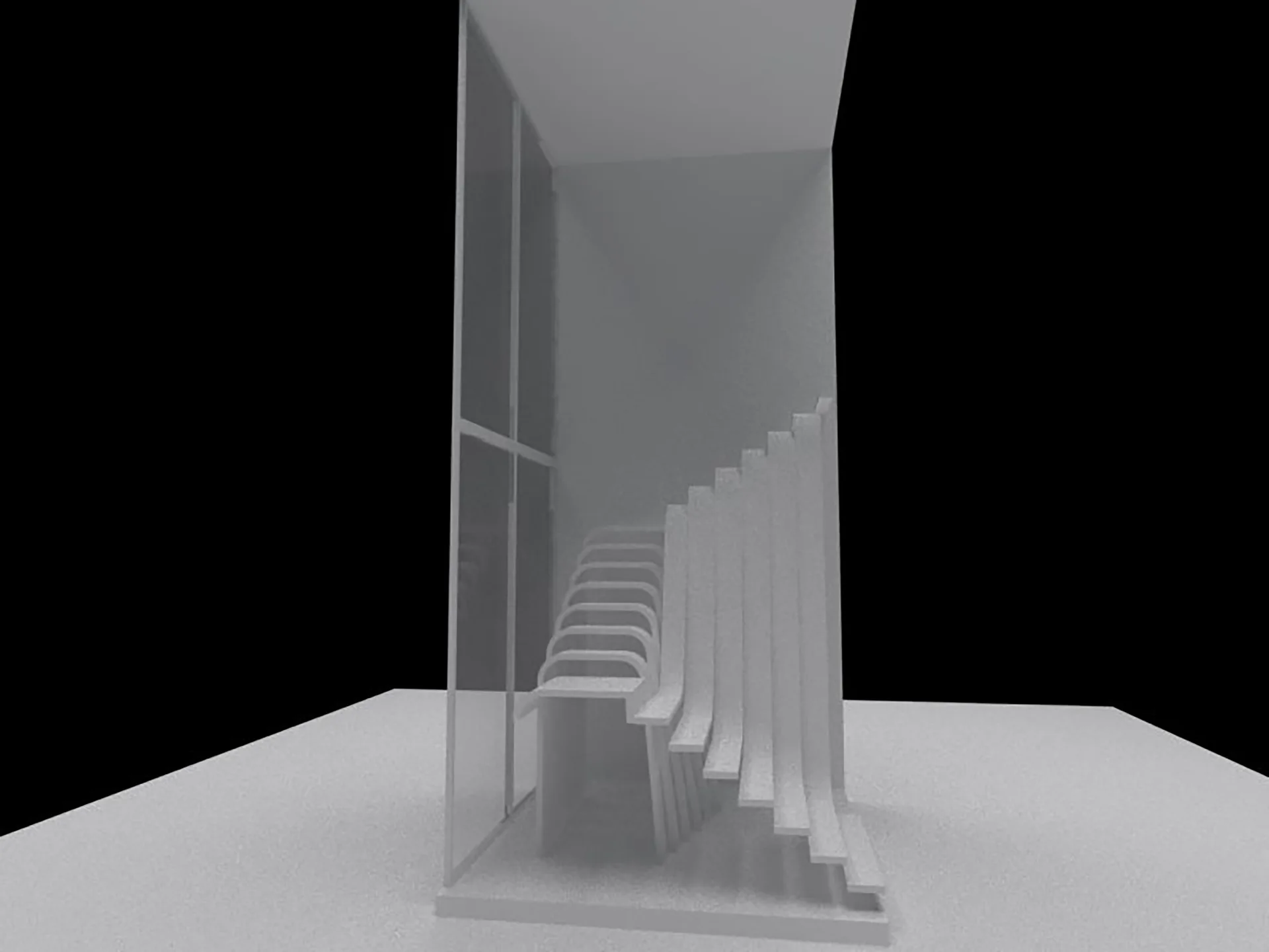 A 3D render of a minimalist monochromatic white curved staircase next to a tall glass panel partition in a plain interior.