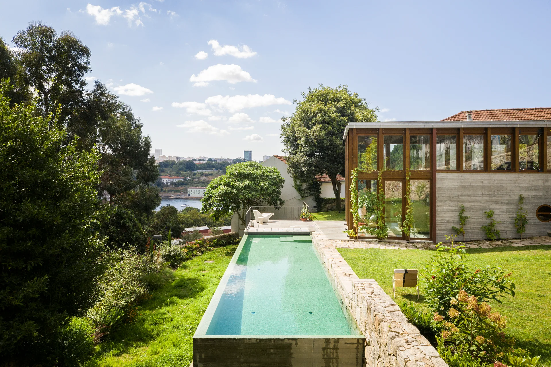 A long concrete lap pool sits flush with a grassy lawn next to a modern house with wood-framed glass windows.