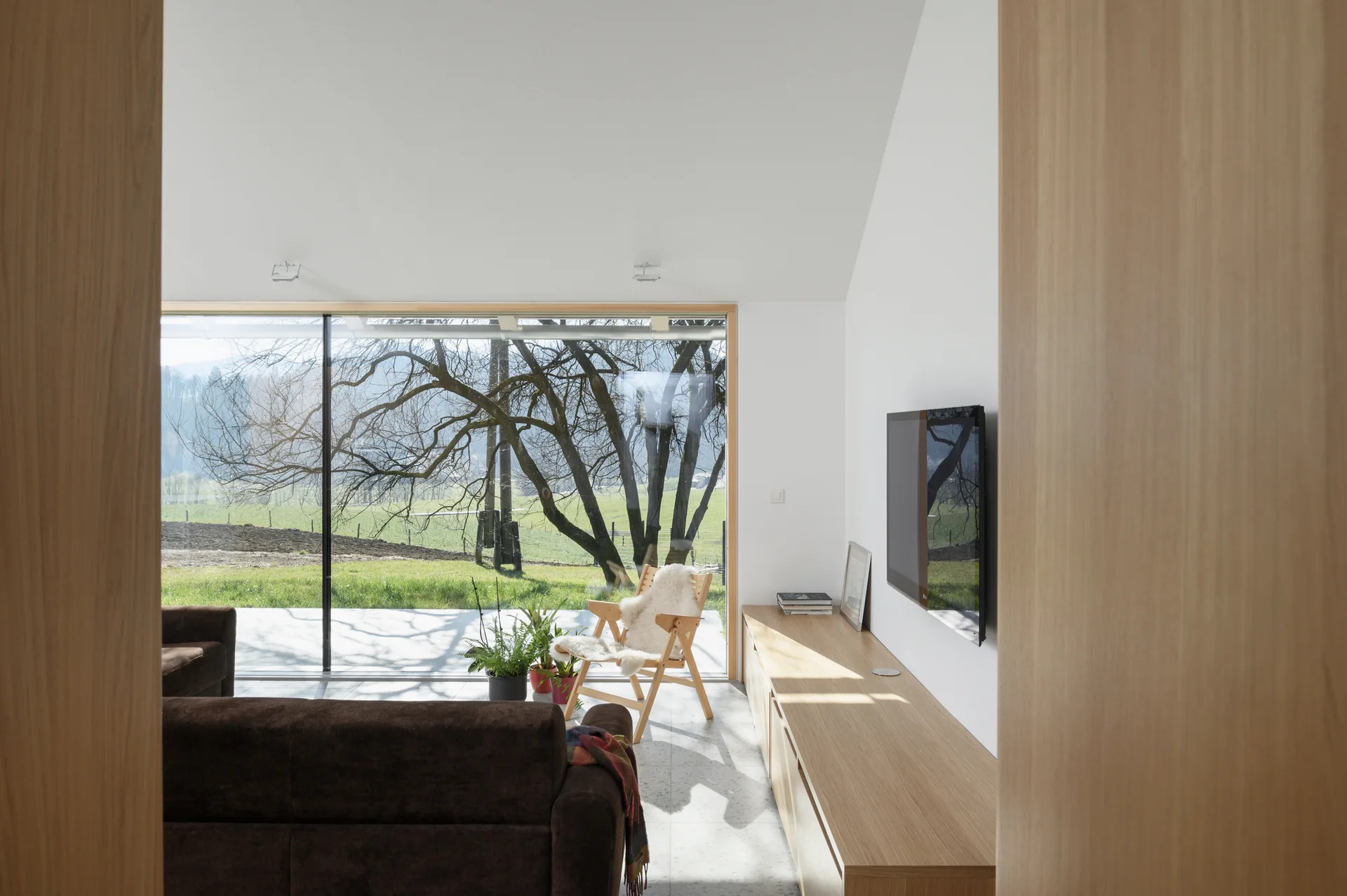A minimalist living room featuring a brown sofa, a long wooden credenza, and a large floor-to-ceiling glass wall with a view of trees.