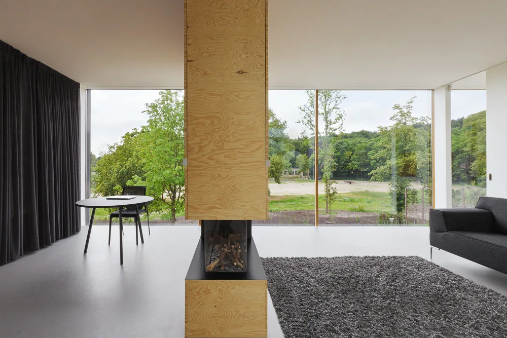 A minimalist living area shows a central plywood fireplace column, floor-to-ceiling windows, a dark grey sofa, and a shaggy area rug.
