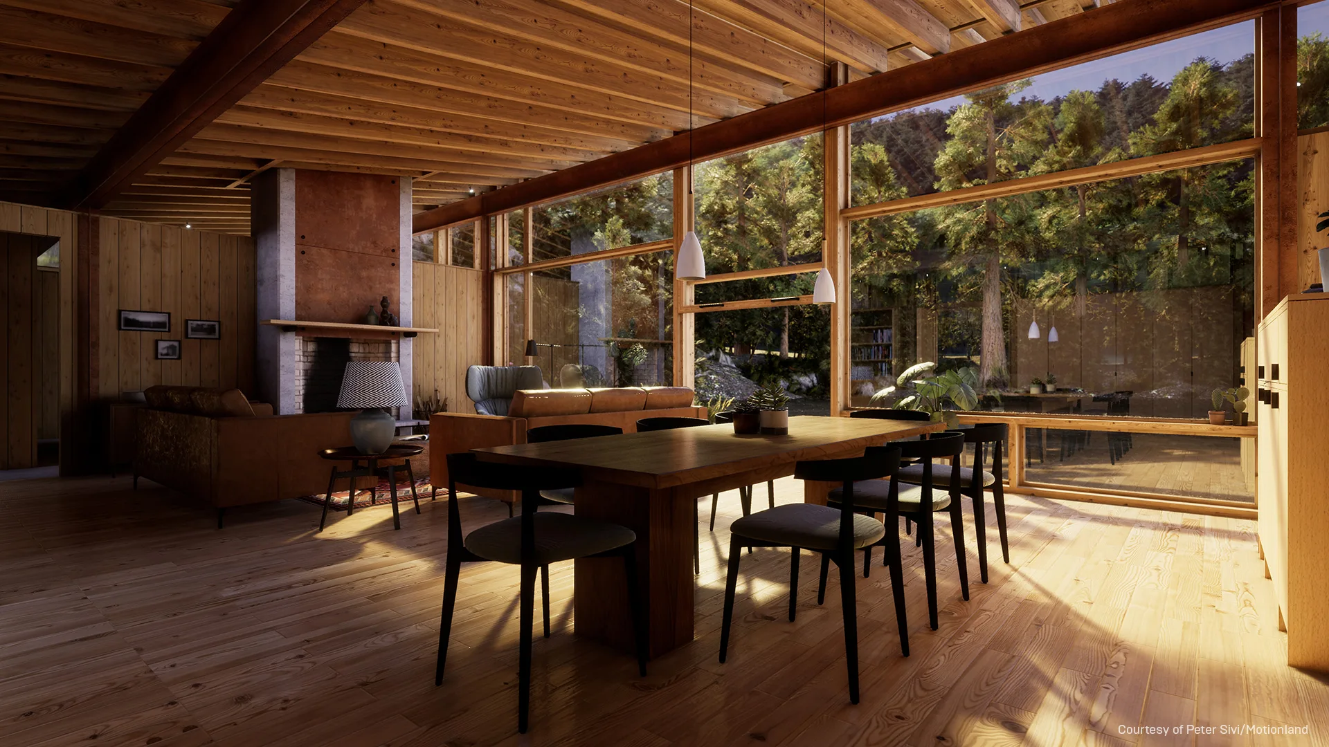 A rustic modern dining space with a wood-plank ceiling, black chairs around a wooden table, and a living area next to large forest-view windows.