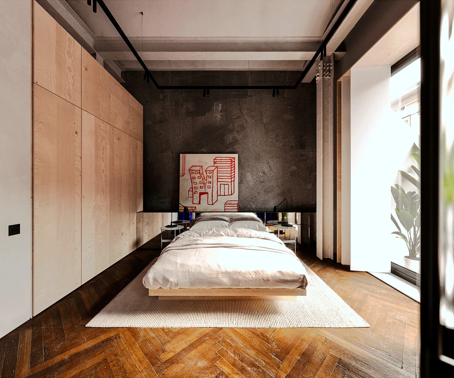 A low-profile bed sits between floor-to-ceiling light wood cabinets and a dark gray textured accent wall on a herringbone wood floor.
