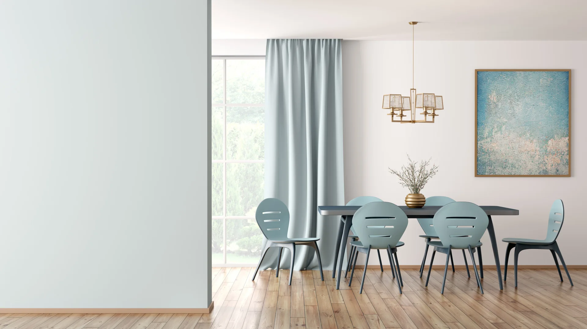 A modern dining room featuring light blue chairs around a dark rectangular table, a gold chandelier, light blue curtains, and wood floors.